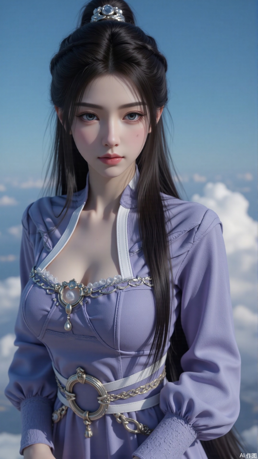 Very detailed face, extremely detailed eyes and face, blue eyes, (vacuum), 8K wallpaper, light leak, beautiful and detailed girl, extremely detailed CGUnity8K wallpaper, an extremely detailed and beautiful, beautiful and detailed eyes, masterpiece, best quality, Real photo level, (frontal shooting panoramic perspective), ( (Full body photo)), dynamic angle, dynamic pose, solo, ancient style silver hairpin with petals, blue sky and white clouds, (C cup), (huge round breasts), slender legs, super good figure, stunning beauty, (whole body in the mirror) , (wearing Lolita nightgown), (light reflects the shadow of the body through the clothes),vacuum,bare and smooth