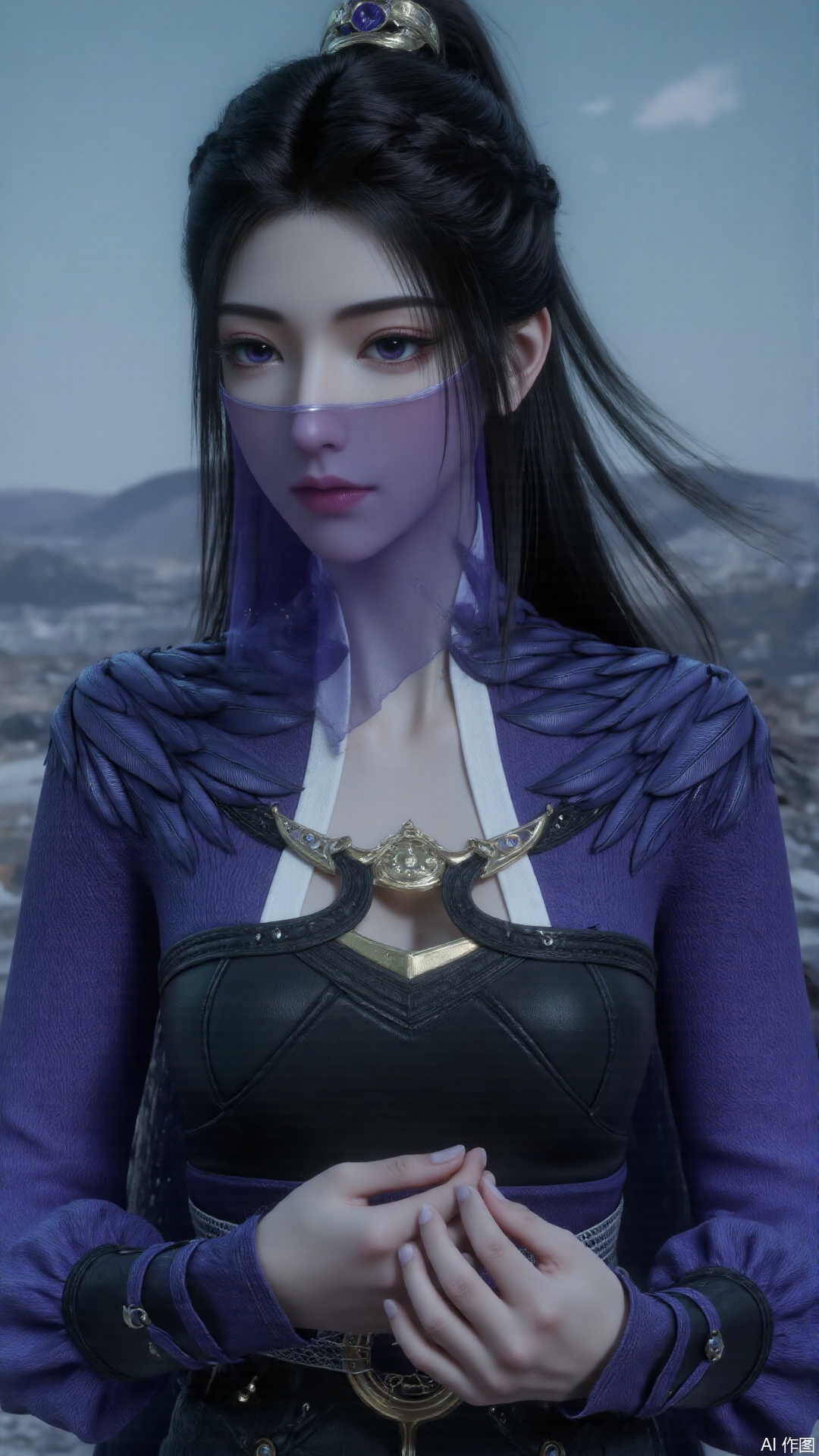 1girl, black hair, mouth veil, ponytail, purple dress, purple eyes, looking at viewer, mischevious smile, perfect body, scenery, sharp focus, best quality, masterpiece, detailed outfit, illustration, perfect eyes, finely detailed beautiful anime eyes, realistic skin, intricate details, best lighting, depth of field, ultra high resolution,cowboy_shot