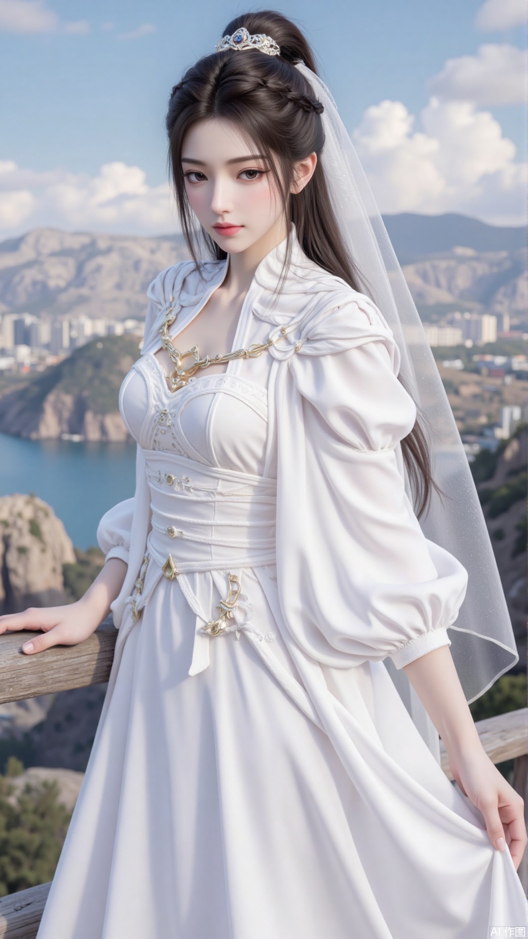 1girl, white wedding dress,looking at viewer, mischevious smile, perfect body, scenery, sharp focus, best quality, masterpiece, detailed outfit, illustration, perfect eyes, finely detailed beautiful anime eyes, realistic skin, intricate details, best lighting, depth of field, ultra high resolution, cowboy_shot, bride