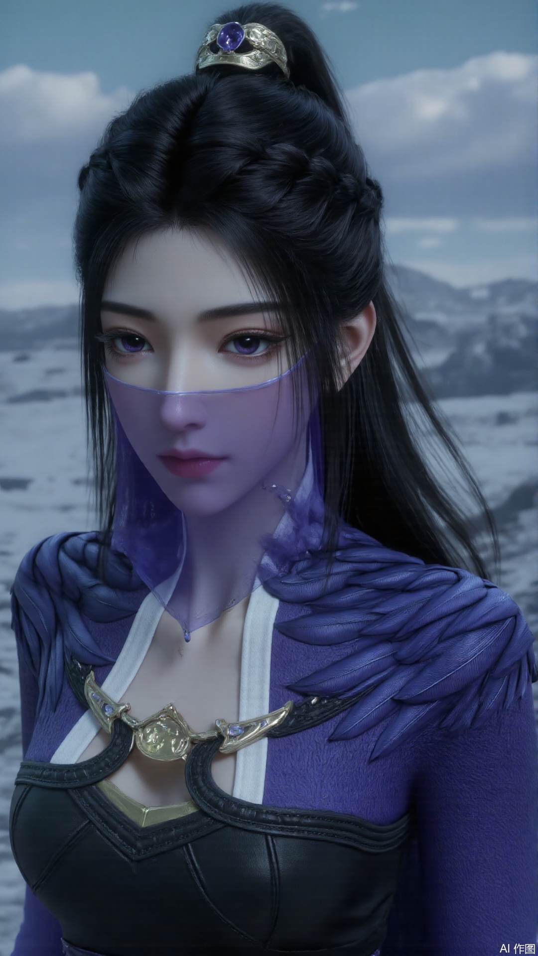 1girl, black hair, mouth veil, ponytail, purple dress, purple eyes, looking at viewer, mischevious smile, perfect body, scenery, sharp focus, best quality, masterpiece, detailed outfit, illustration, perfect eyes, finely detailed beautiful anime eyes, realistic skin, intricate details, best lighting, depth of field, ultra high resolution,cowboy_shot