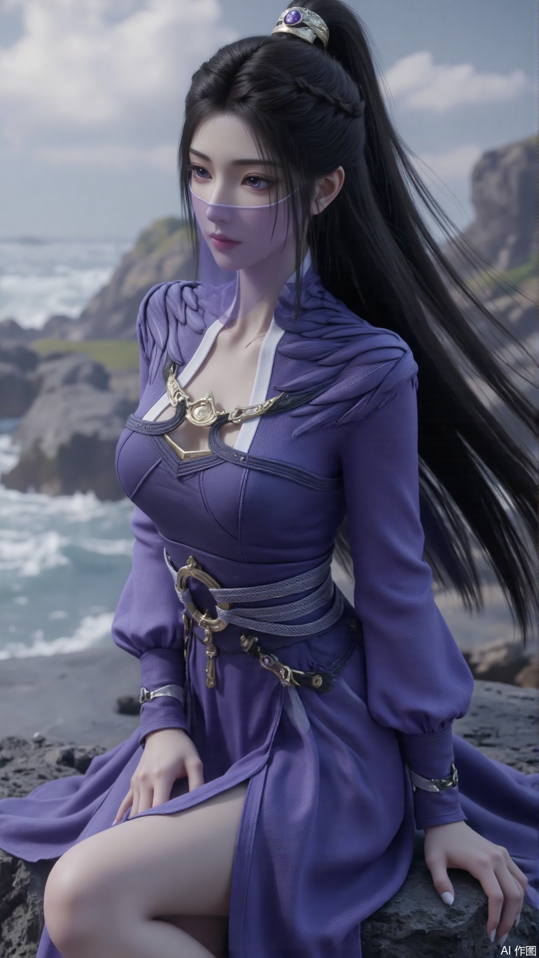 1girl, black hair, mouth veil, ponytail, purple dress, purple eyes, looking at viewer, mischevious smile, perfect body, scenery, sharp focus, best quality, masterpiece, detailed outfit, illustration, perfect eyes, finely detailed beautiful anime eyes, realistic skin, intricate details, best lighting, depth of field, ultra high resolution, sitting