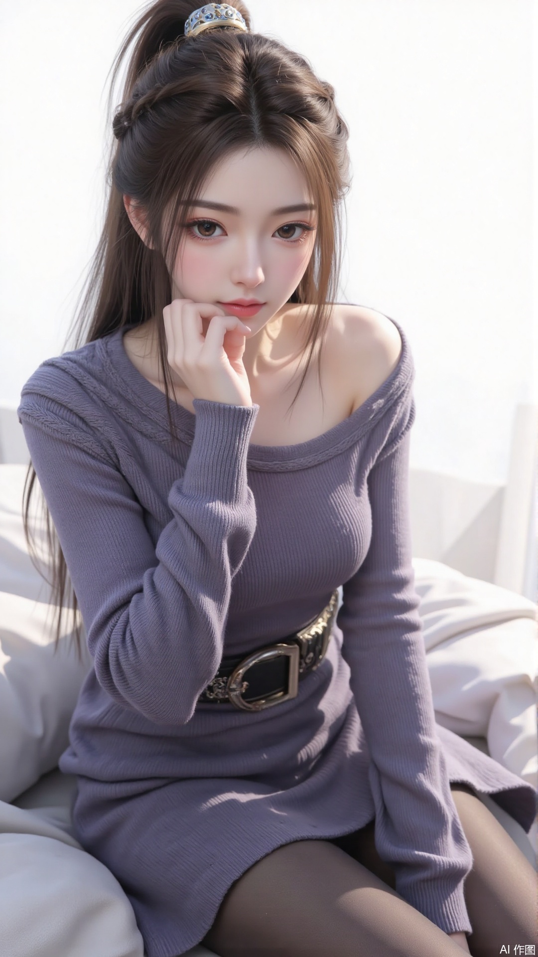 1girl, solo, long hair, looking at viewer, smile, sitting, collarbone, off shoulder, sweater, messy hair, realistic