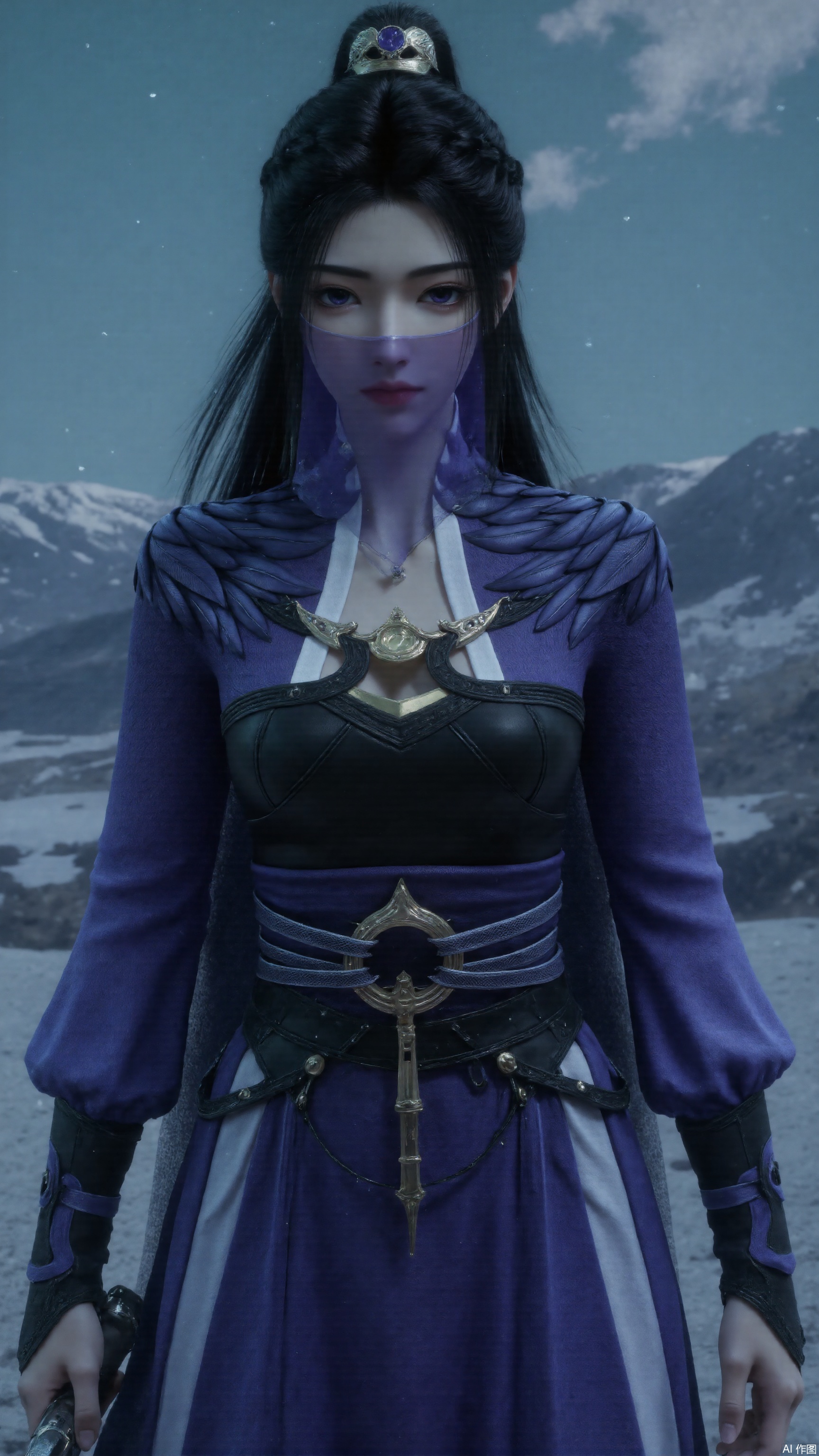 A martial arts heroine in dark blue ancient-style tight outfit with intricate metal embellishments and waist sash, black high ponytail, wearing translucent purple veil, holding a sword (ornate hilt), cold and piercing gaze. Snowy mountain backdrop with falling snowflakes, cool blue tone, lonely and serene atmosphere. Dynamic pose, realistic lighting, 8K HD