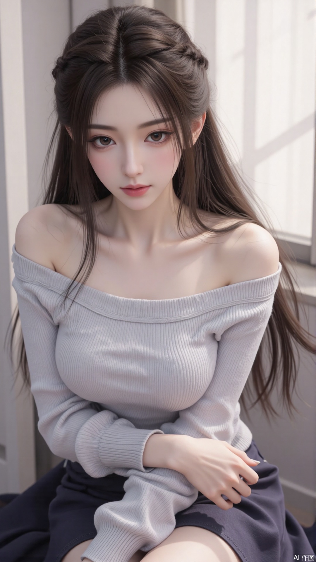 1girl, solo, long hair, looking at viewer, smile, sitting, collarbone, off shoulder, sweater, messy hair, realistic