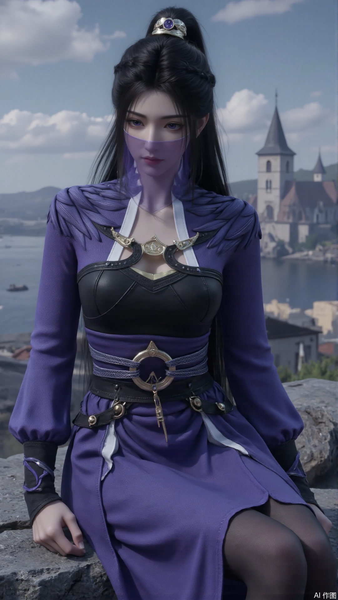 1girl, black hair, mouth veil, ponytail, purple dress, purple eyes, looking at viewer, mischevious smile, perfect body, scenery, sharp focus, best quality, masterpiece, detailed outfit, illustration, perfect eyes, finely detailed beautiful anime eyes, realistic skin, intricate details, best lighting, depth of field, ultra high resolution, sitting