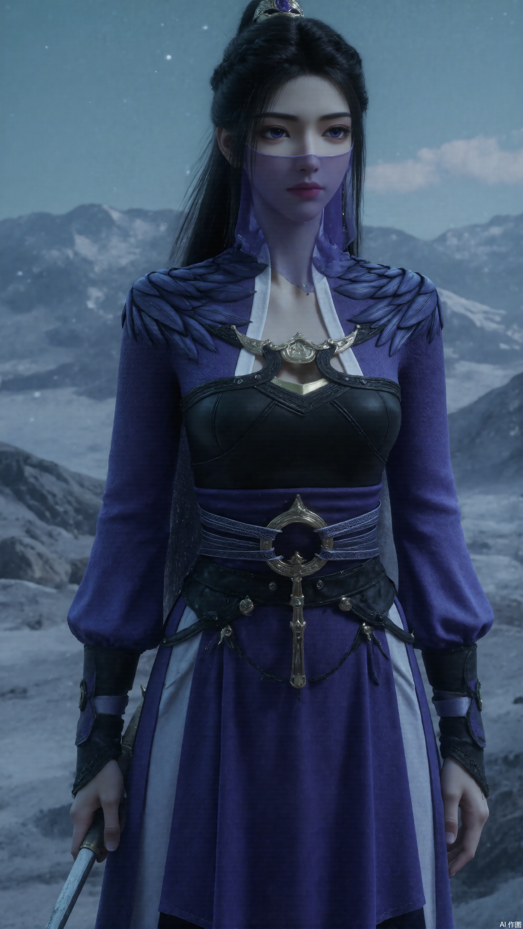A martial arts heroine in dark blue ancient-style tight outfit with intricate metal embellishments and waist sash, black high ponytail, wearing translucent purple veil, holding a sword (ornate hilt), cold and piercing gaze. Snowy mountain backdrop with falling snowflakes, cool blue tone, lonely and serene atmosphere. Dynamic pose, realistic lighting, 8K HD