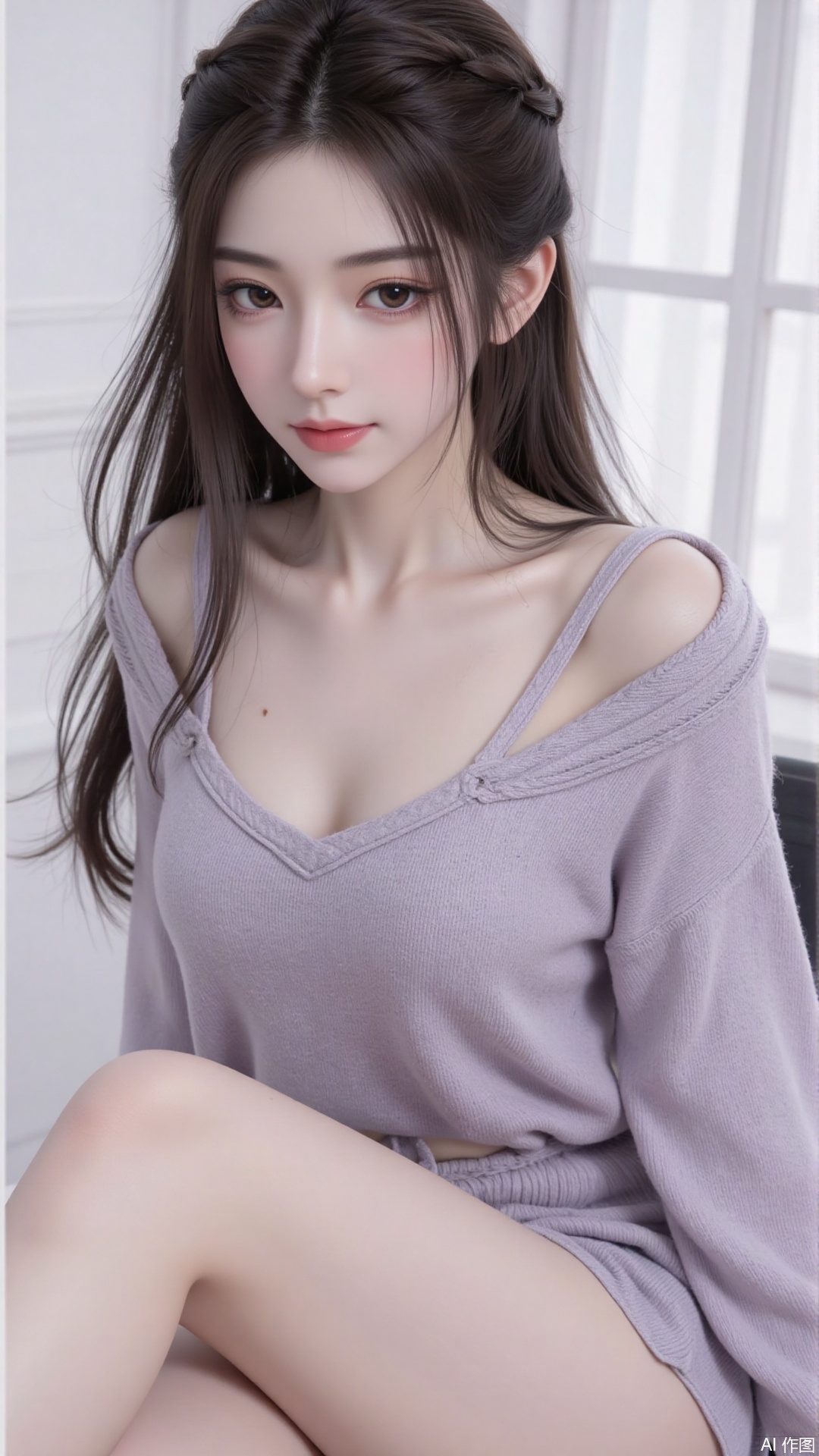 1girl, solo, long hair, looking at viewer, smile, sitting, collarbone, off shoulder, sweater, messy hair, realistic