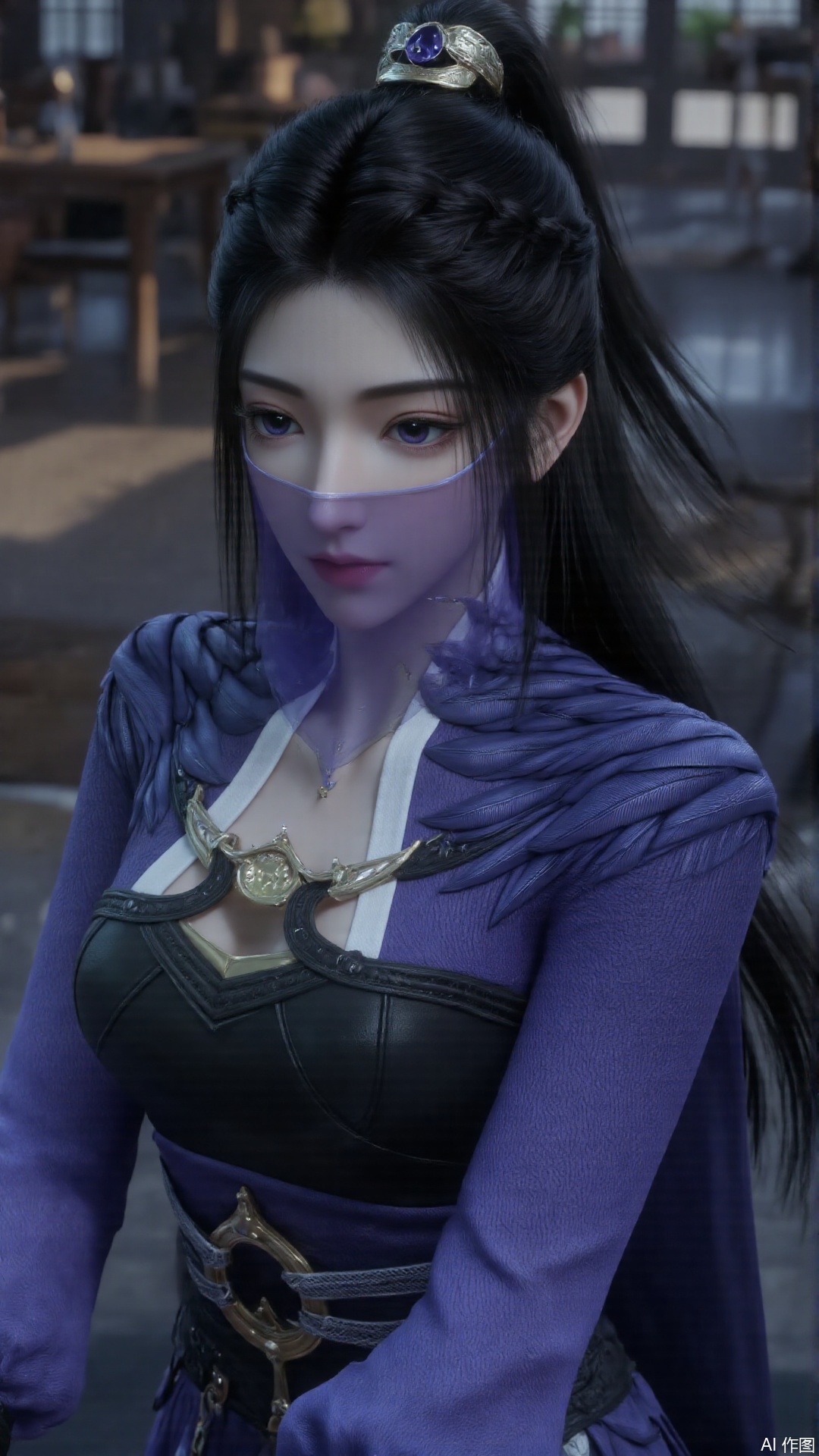 1girl, black hair, mouth veil, ponytail, purple dress, purple eyes, looking at viewer, mischevious smile, perfect body, scenery, sharp focus, best quality, masterpiece, detailed outfit, illustration, perfect eyes, finely detailed beautiful anime eyes, realistic skin, intricate details, best lighting, depth of field, ultra high resolution, sitting