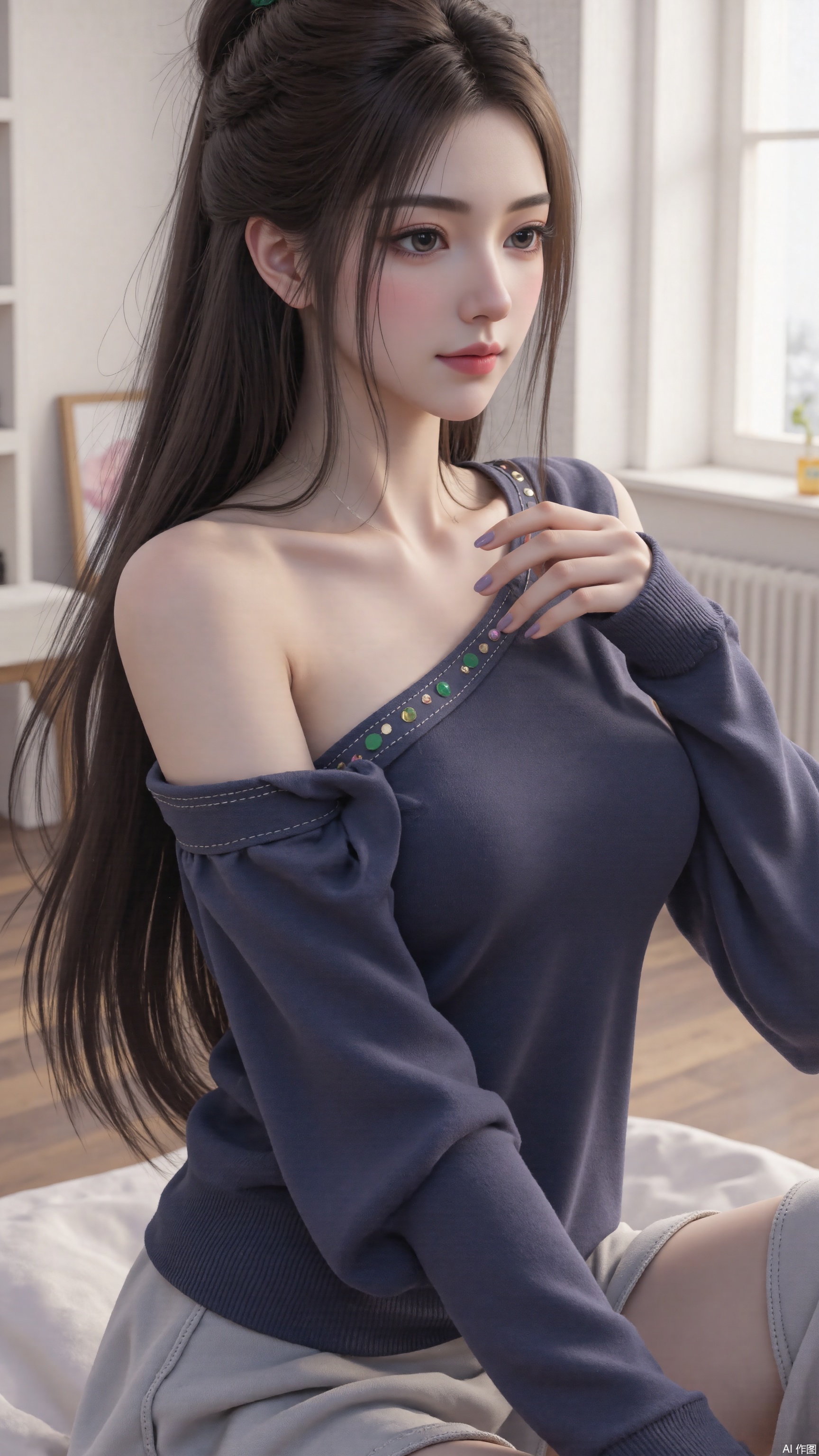 1girl, solo, long hair, looking at viewer, smile, sitting, collarbone, off shoulder, sweater, messy hair, realistic