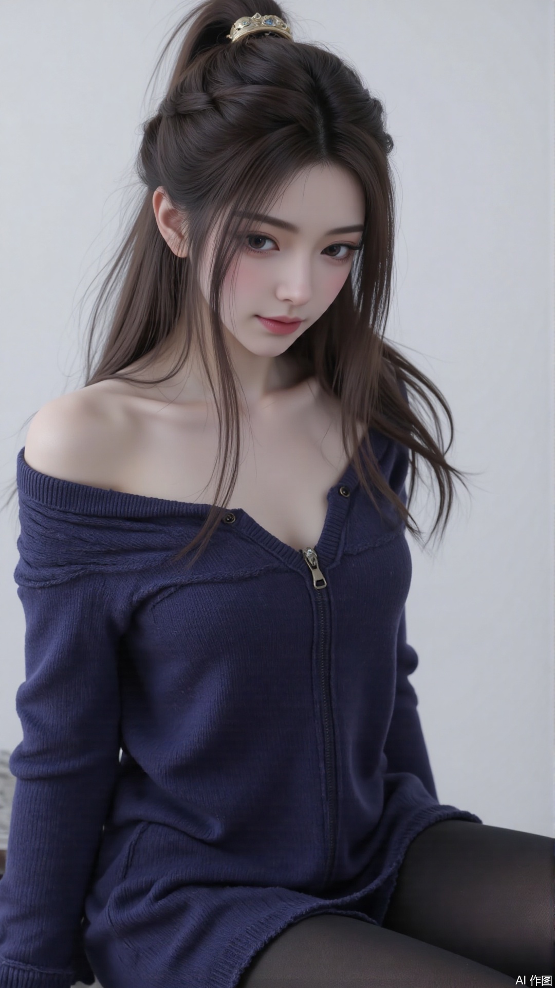 1girl, solo, long hair, looking at viewer, smile, sitting, collarbone, off shoulder, sweater, messy hair, realistic