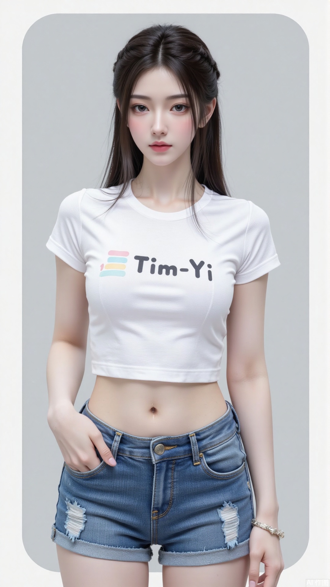 White t-shirt with ”Tim_Yi“ written on it, jeans shorts,1girl