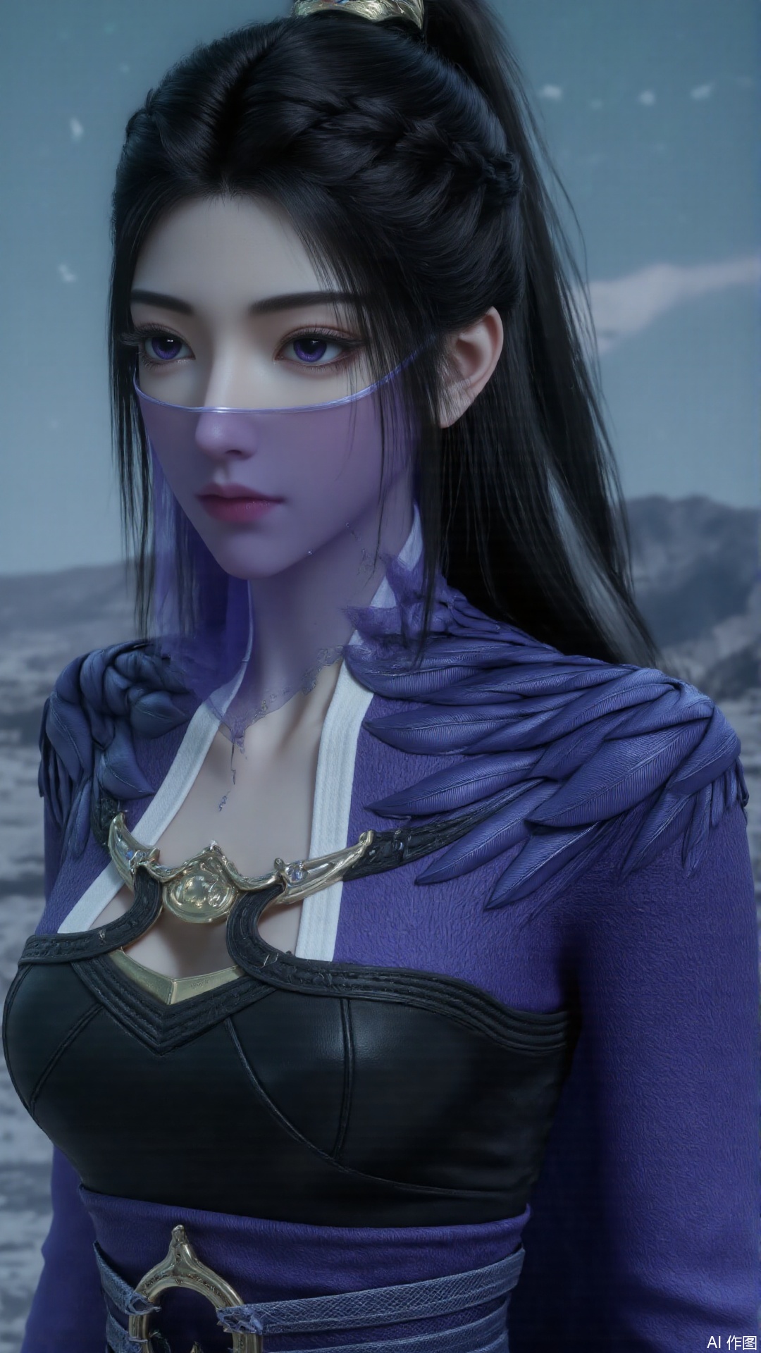 1girl, black hair, mouth veil, ponytail, purple dress, purple eyes, looking at viewer, mischevious smile, perfect body, scenery, sharp focus, best quality, masterpiece, detailed outfit, illustration, perfect eyes, finely detailed beautiful anime eyes, realistic skin, intricate details, best lighting, depth of field, ultra high resolution,cowboy_shot