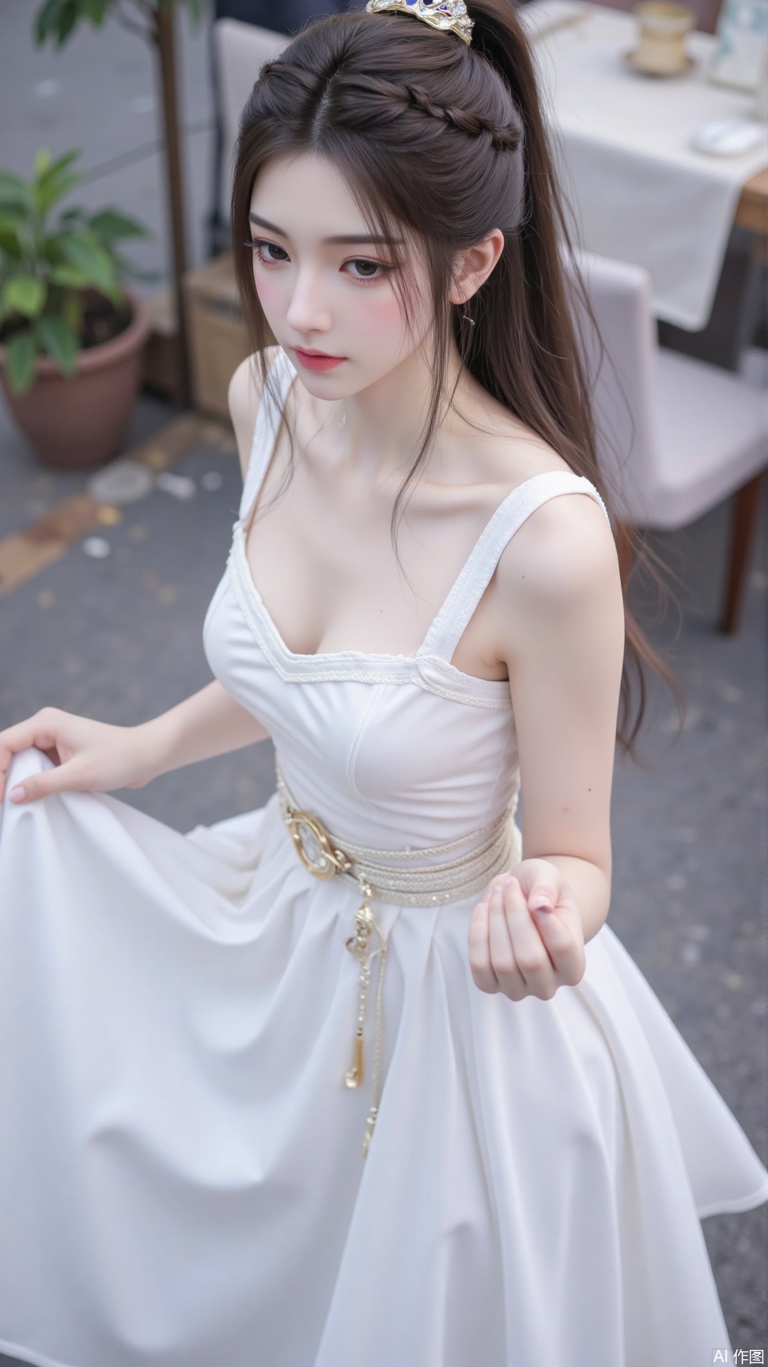 1girl, white wedding dress,looking at viewer, mischevious smile, perfect body, scenery, sharp focus, best quality, masterpiece, detailed outfit, illustration, perfect eyes, finely detailed beautiful anime eyes, realistic skin, intricate details, best lighting, depth of field, ultra high resolution, cowboy_shot, bride