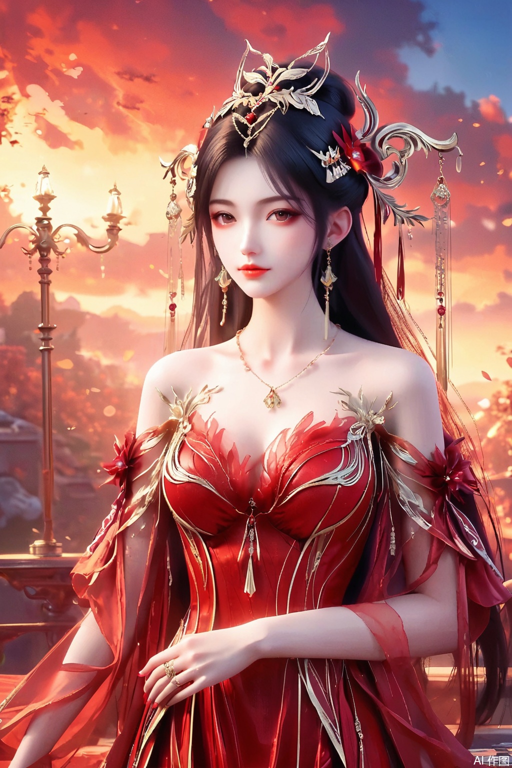 score_9,score_8_up,score_7_up,1girl, solo, long hair, brown hair, black hair, hair ornament, dress, bare shoulders, jewelry, earrings, necklace, red dress, masterpiece,best quality,official art,extremely detailed CG unity 8k wallpaper,upper body,looking at viewer,Random scene,