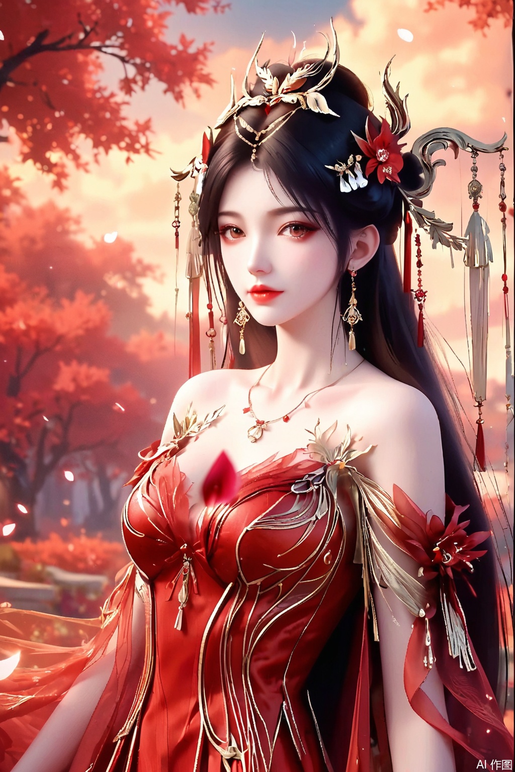 score_9,score_8_up,score_7_up,1girl, solo, long hair, brown hair, black hair, hair ornament, dress, bare shoulders, jewelry, earrings, necklace, red dress, masterpiece,best quality,official art,extremely detailed CG unity 8k wallpaper,upper body,looking at viewer,Random scene,
