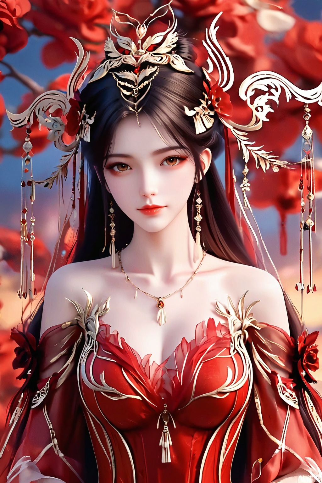 score_9,score_8_up,score_7_up,1girl, solo, long hair, brown hair, black hair, hair ornament, dress, bare shoulders, jewelry, earrings, necklace, red dress, masterpiece,best quality,official art,extremely detailed CG unity 8k wallpaper,upper body,looking at viewer,Random scene,