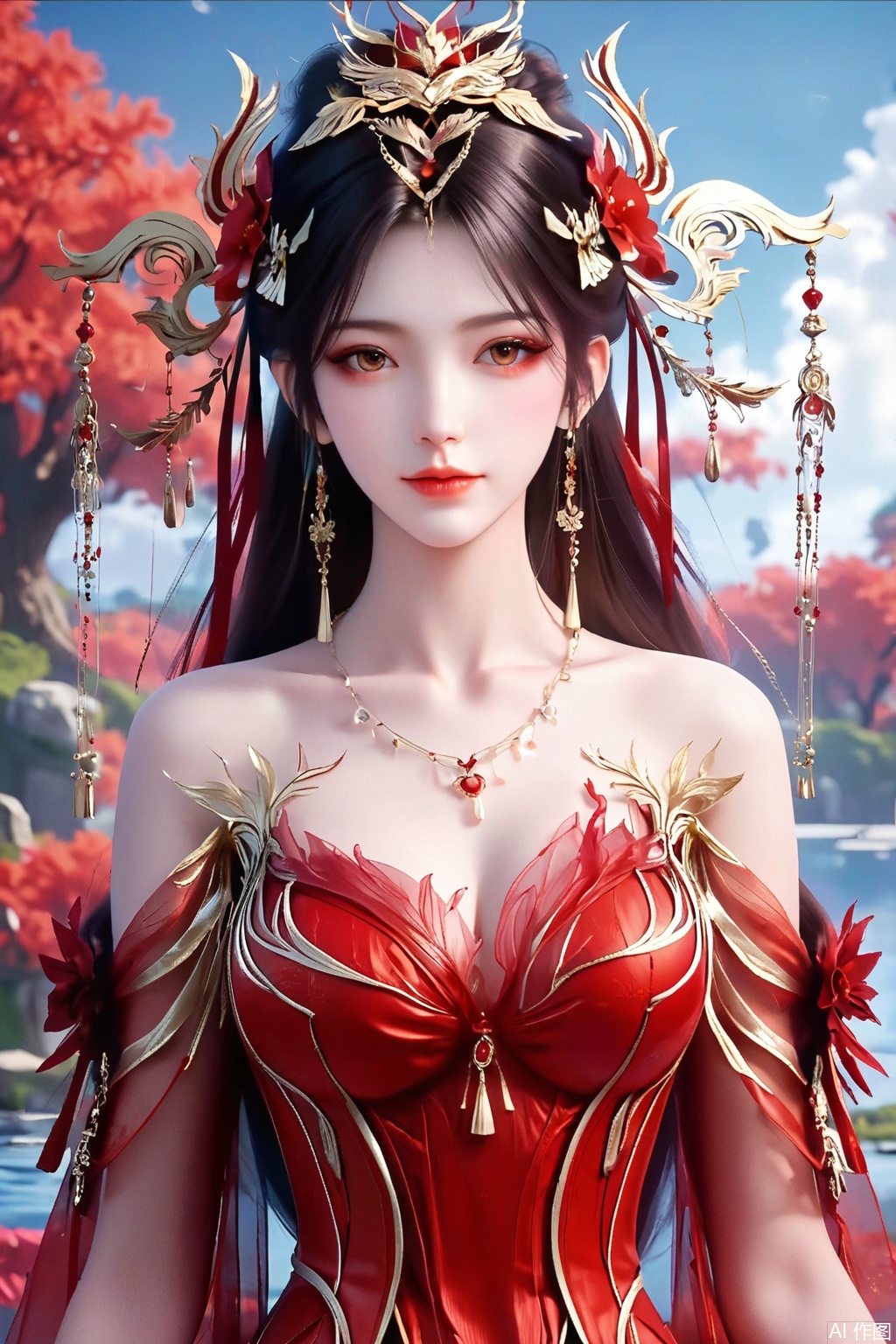 score_9,score_8_up,score_7_up,1girl, solo, long hair, brown hair, black hair, hair ornament, dress, bare shoulders, jewelry, earrings, necklace, red dress, masterpiece,best quality,official art,extremely detailed CG unity 8k wallpaper,upper body,looking at viewer,Random scene,