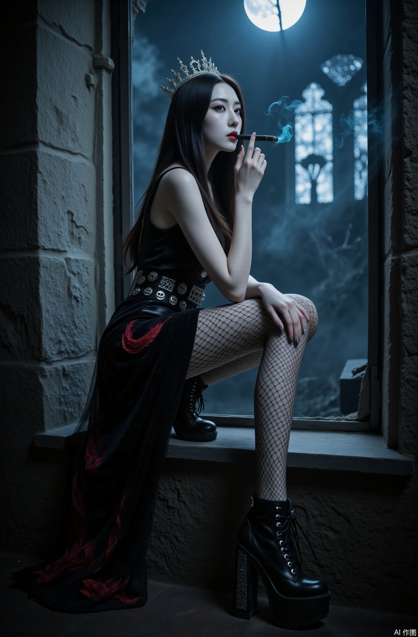 Photography style, photography, ultra-clear details, Chinese beauty, snow-white skin, white skin
1girl, skull dress,
She wore a charcoal black velvet suspender dress, a blood-red demon tail feather bordered, a wide metal belt with spikes and silver runes, a broken diamond decorative fishnet stockings, thick-soled high-heeled skull boots, a cold expression, squatting unruly on the windowsill of the Gothic church, leaning forward slightly, one hand supporting the windowsill, and the other hand holding a black cigar with blue smoke. The camera shot up from the right of the bottom of the picture. The picture is cold and rebellious, showing its dark and cool personality. The background is outside the Gothic church shining under the moonlight, and the shadows of surrounding trees are cast on the ground, creating a mysterious and gloomy dark atmosphere, with a light body. Live photo, extremely exquisite dark patterns and light and shadow effects.