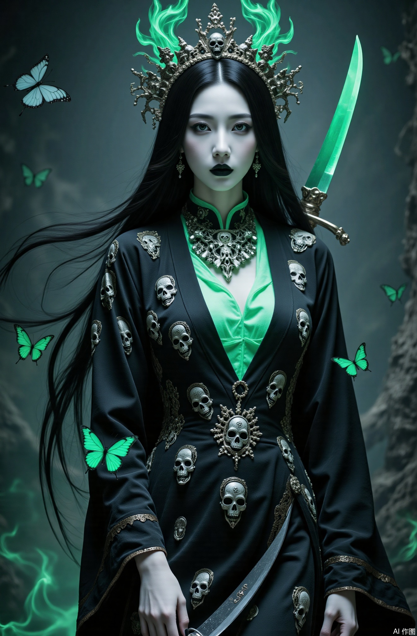 Photography style, photography, ultra-clear details, Chinese beauty, snow-white skin, white skin
1girl, skull dress,weapon, sword, long hair, black hair, bug, barefoot, butterfly, dress, black dress, holding, holding weapon, holding sword, looking at viewer, green eyes, breasts, black nails, black lips, glowing