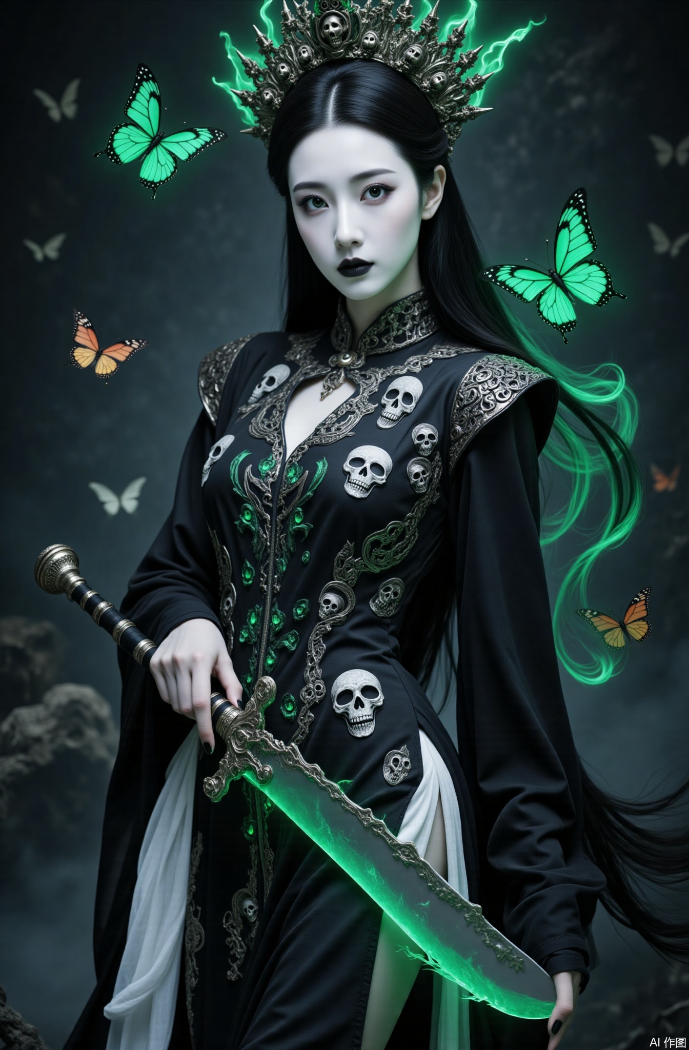 Photography style, photography, ultra-clear details, Chinese beauty, snow-white skin, white skin
1girl, skull dress,weapon, sword, long hair, black hair, bug, barefoot, butterfly, dress, black dress, holding, holding weapon, holding sword, looking at viewer, green eyes, breasts, black nails, black lips, glowing