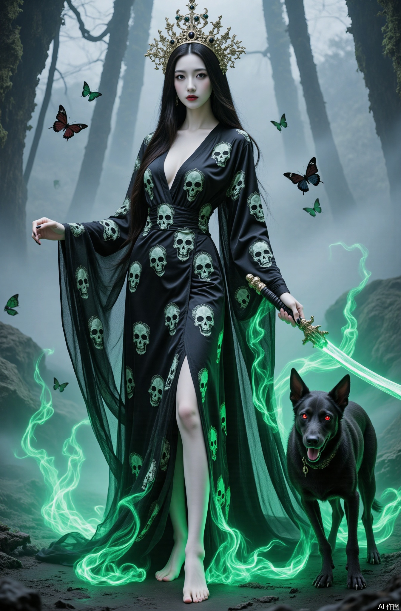 Photography style, photography, ultra-clear details, Chinese beauty, snow-white skin, white skin
1girl, skull dress,weapon, sword, long hair, black hair, bug, barefoot, butterfly, dress, black dress, holding, holding weapon, holding sword, looking at viewer, green eyes, breasts, black nails, black lips, glowing
