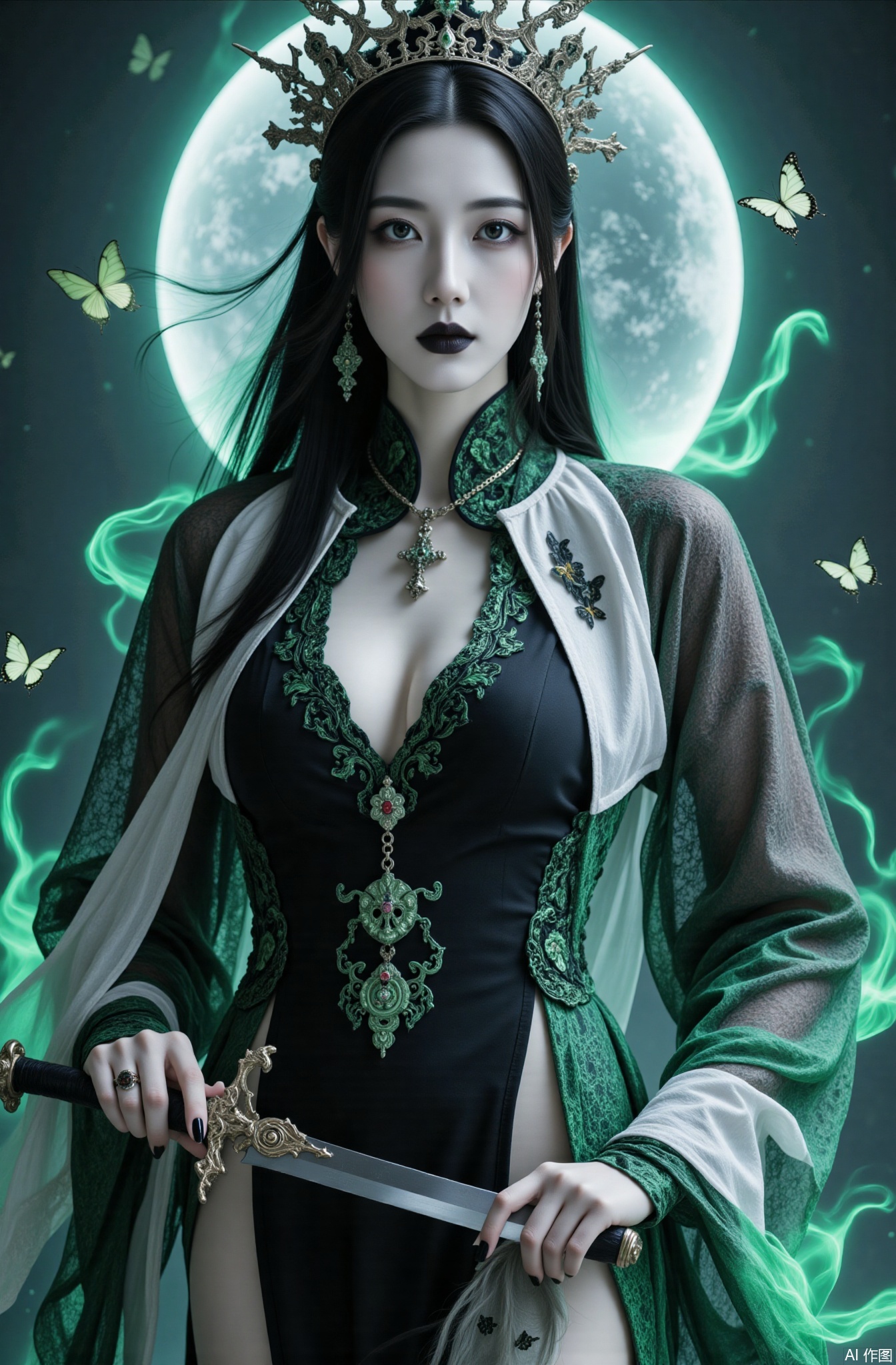 Photography style, photography, ultra-clear details, Chinese beauty, snow-white skin, white skin
1girl, weapon, sword, long hair, black hair, bug, barefoot, butterfly, dress, black dress, holding, holding weapon, holding sword, looking at viewer, green eyes, breasts, black nails, black lips, glowing