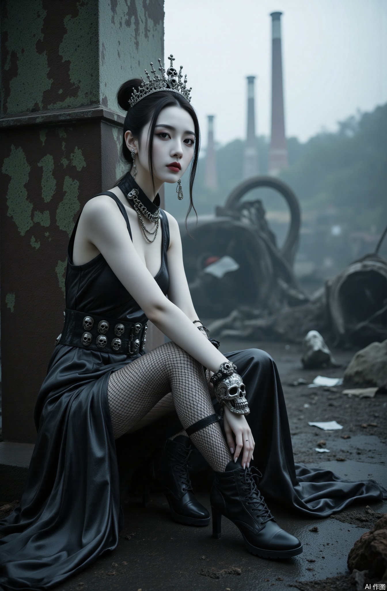 Photography style, photography, ultra-clear details, Chinese beauty, snow-white skin, white skin
1girl, skull dress,
Wearing a dark gray velvet suspender dress, silver skull chain trimmed, wide leather belt with spiked and obsidian, metal mesh spliced ​​fishnet stockings, thick-soled high-heeled combat boots, a cold expression, squatting handsomely beside the abandoned steel bridge pillar, one hand on his knee, and the other hand holding a dagger with a cold light. The camera shot up from the middle of the bottom of the picture, the picture is cold and full of power, showing its darkness and coolness. The background is a foggy abandoned industrial area, with rusty mechanical wrecks scattered everywhere, and there are several abandoned chimneys in the distance, creating a mysterious and decadent dark atmosphere and a strong figure. Live photo, extremely complex dark patterns and light and shadow effects.