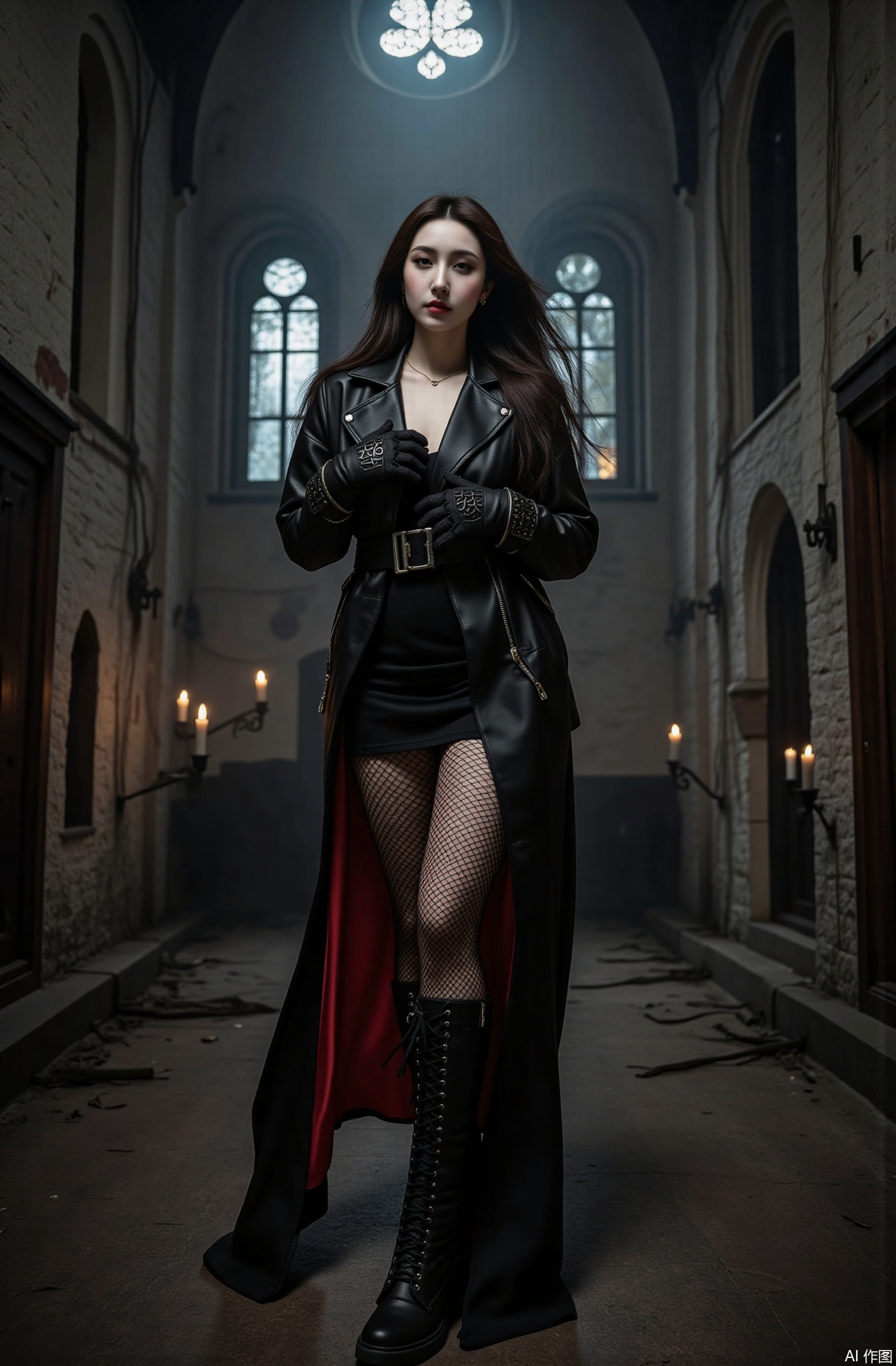 The dark realistic style shows a royal sister exuding a sinister aura from a low angle upward view. She has cold and delicate eastern holes, her skin is pale as snow and bloodless, with a strange cold light, and her facial contour is as clear as a knife. The eyebrows are tall and sharp, like the crescent moon in a cold night, with long and narrow eyes, deep blood-red eyes, cold evil spirits, and eyes full of disdain and gloom. The bridge of the nose is high and the lips are as red as solidified plasma. The corners of the mouth are slightly raised, and there is a terrifying evil smile. The hair is messy, long black hair, which is spread on the shoulders freely, and the ends of the hair have a dry and messy feeling. She was wearing a black leather tights, with delicate texture and luster on the surface, as if she had absorbed all the light, highlighting her slender and powerful figure. The clothes were covered with sharp metal rivets and zippers, which were shining with a cold light, and the zippers were pulled apart a few randomly, revealing the dark red lining inside. The lower body was paired with a black ripped leather skirt, and the hem was uneven. As she floated, her slender thighs were exposed, and a black belt with spikes was tied to her thighs. Black fishnet stockings wrap around the legs, which complement the texture of the leather, adding a bit of evil charm. He was wearing a pair of high-tube leather boots with complex rune carvings on the surface of the boots. The heel was thick and sharp. When he stepped on the ground, he seemed to tear the darkness. She held her hands on her chest, the metal protective gear on her elbows was sharp and sharp, wearing black leather gloves, and a black gem ring inlaid on her fingers, which emitted a mysterious dark light. Behind is an abandoned Gothic church. The walls of the church are dilapidated and covered with black vines. Stained glass is scattered all over the ground. The inside is filled with thick dark mist. The only few candles swaying faint light, casting twisted shadows on the ground. The overall picture tone is mainly black, dark red and dark gray, with a strong contrast between light and shadow, highlighting the dark texture of the characters and scenes, presenting a picture full of evil and mystery.