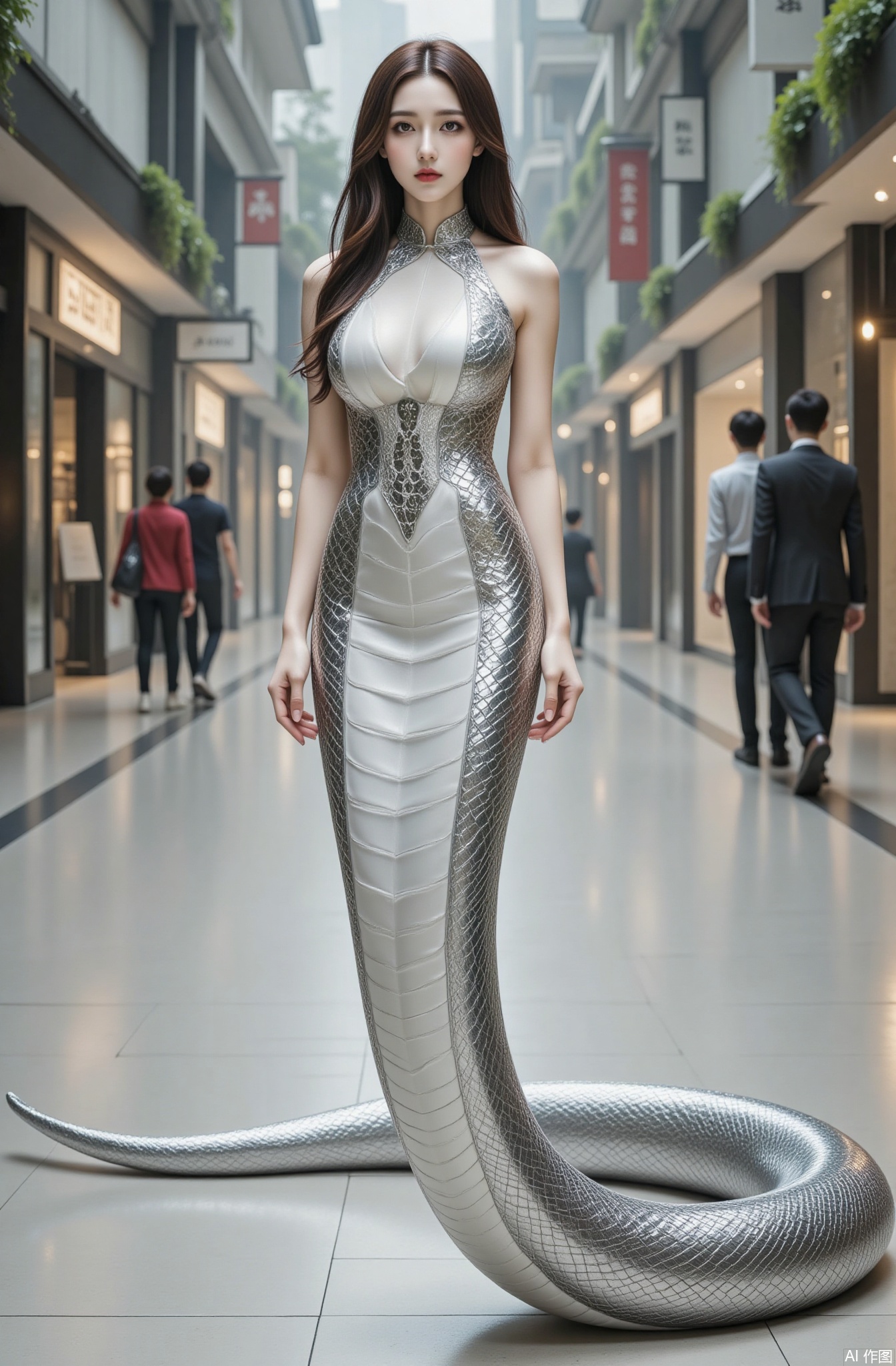 Photography style, photography, Descendants of N ü wa, with human body and snake tail,ultra-clear details, Chinese beauty, snow-white skin, white skin
In the bustling shopping center, beautiful women with snake tails are very eye-catching. She has an urban beauty image on her upper body, with fair and smooth skin. Goose egg face paired with slender eyebrows and eyes, showcasing intelligence. With a high nose bridge and delicate lipstick on the lower lip. Wearing a slim fitting dress and exquisite high heels, with soft and long hair draped over the shoulders. The snake tail is a luxurious silver color, with scales shining brightly as it swims between shops, exuding a modern urban feel and a resolution of 12k.