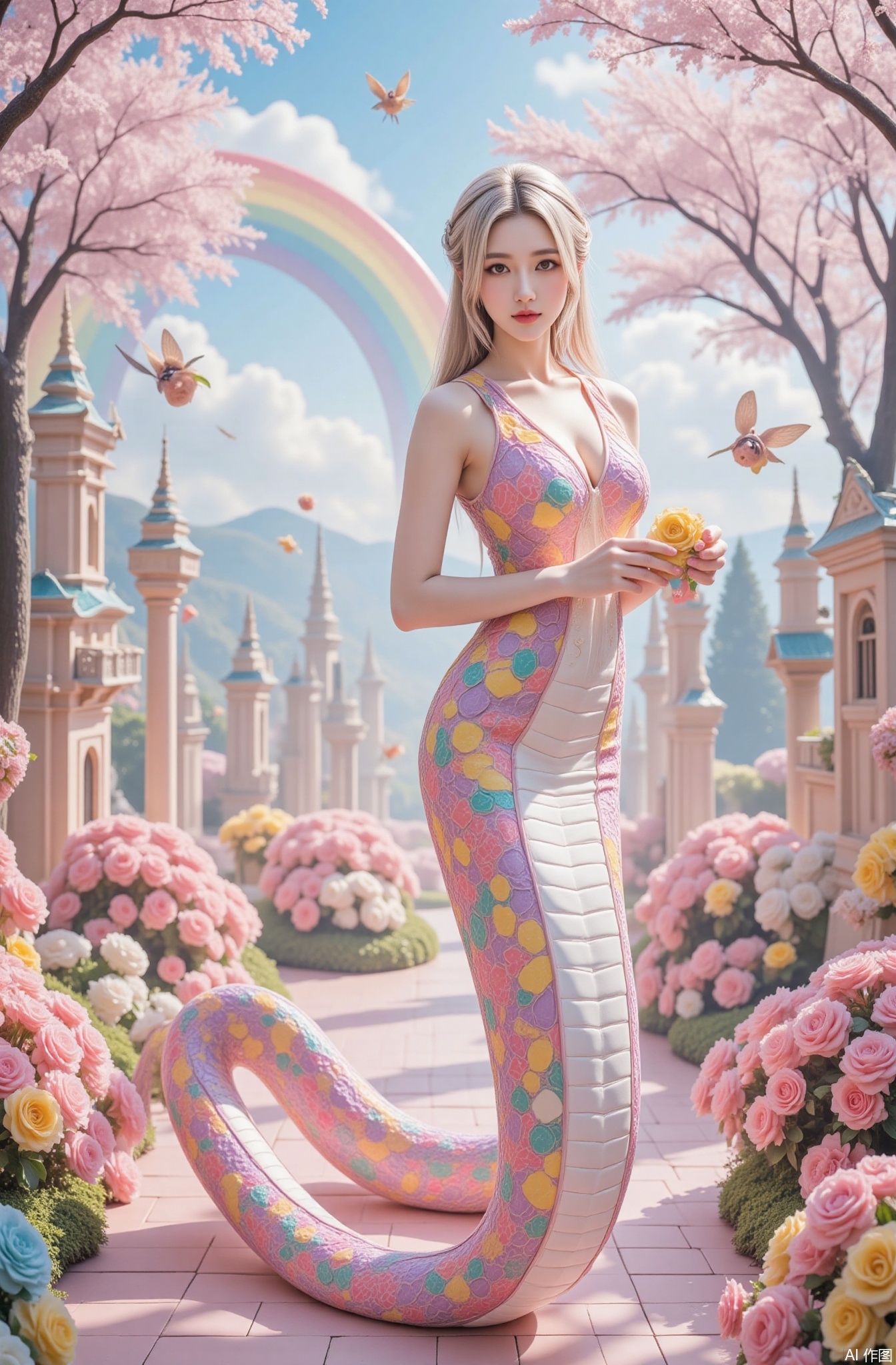 Photography style, photography, ultra-clear details, Chinese beauty, snow-white skin, white skin
In the fantastic world of candy, the beauty with a human body and snake tail is like a sweet princess. Her upper body is pretty, her skin is as white as milk, and she has a sweet luster. The round apple face is filled with a happy smile, the curved eyebrows are as cute as crescent moons, and the eyes are like two crystal candies, shining with agility and joyful light, revealing endless innocence. Under the small nose, the lips are as rosy as cherries, pouting slightly, as if they are ready to taste sweet candies at any time.
Her hair is colorful candy color, as fluffy and soft as marshmallows, and is casually spread on her shoulders. Her hair is dotted with candies of various shapes, including star-shaped lollipops, heart-shaped fruit candies, etc., exuding an attractive aroma. The snake tail on the lower body is also sweet in color, and the scales are composed of various colorful sugar slices, which shine brightly under the sunlight, and each piece exudes a sweet smell. The snake tail winds along the road paved with chocolate biscuits surrounded by castles, trees and flowers made of candy.
There are marshmallow-like clouds floating in the sky, and the rainbow spans the sky. Various candy elves were flying in the air, some carrying baskets full of candy, while others holding colorful candy sticks. The picture is mainly composed of sweet colors such as pink, purple, and yellow, creating a sweet, cheerful and full of dreamy and childlike atmosphere. The style is sweet and cute, with a resolution of 16k and the picture quality is delicate and gorgeous.