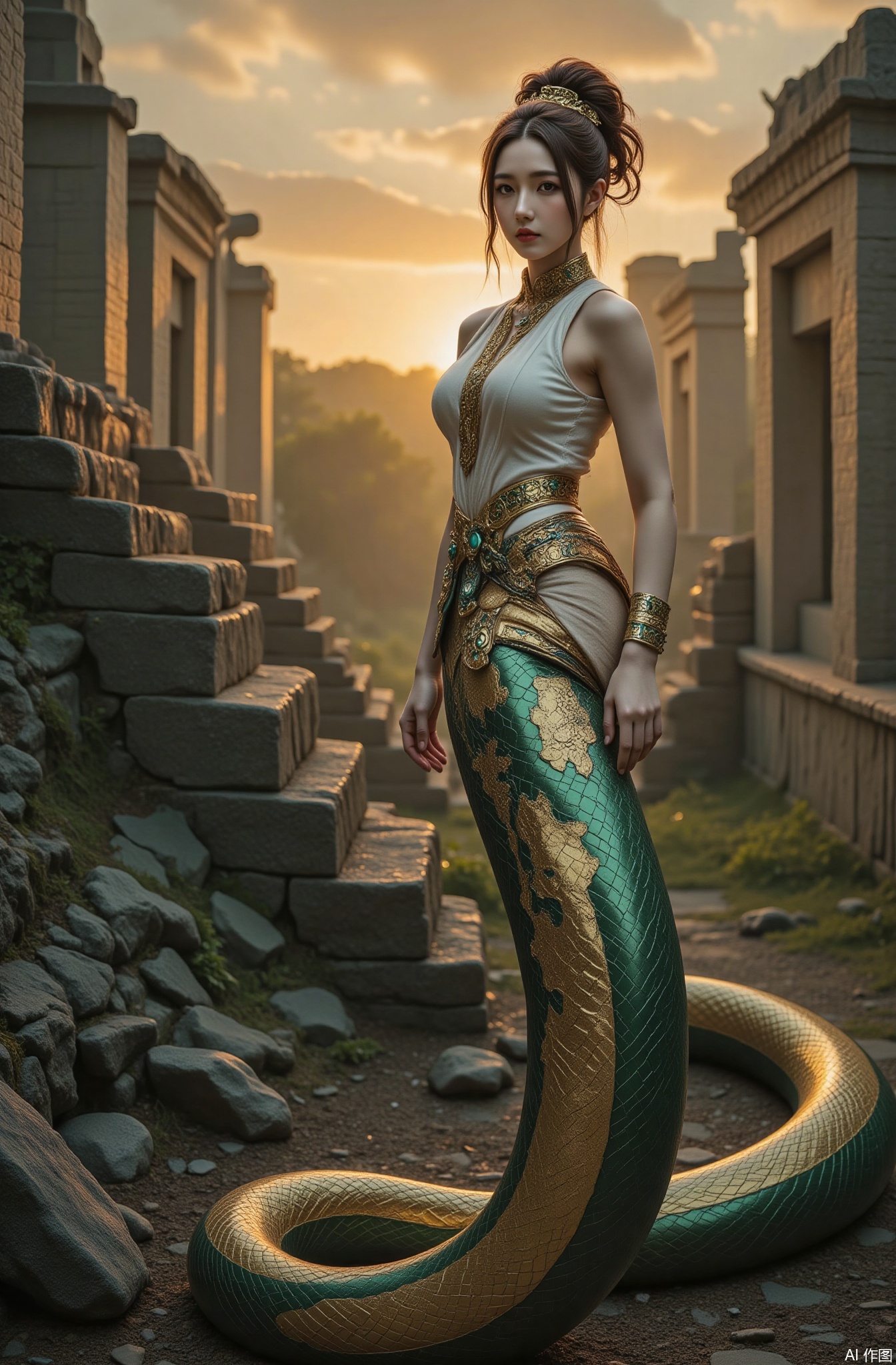 Photography style, photography, ultra-clear details, Chinese beauty, snow-white skin, white skin
In the mysterious and ancient Mayan ruins, the beauty with a human body and snake tail seems to be a god who has awakened from the long river of history. Her upper body lines are tight and graceful, and her skin is a healthy wheat color, exuding vitality. The square face is full of power, the sword eyebrows flew into the temples, and the eyes are deep and sharp, like a mysterious eye that sees everything in the world, exuding a majestic and mysterious aura. Under the high nose bridge, the thick lips have a bronze luster, which rises slightly, as if declaring the glory of ancient civilization to the world.
Her hair was curly and dense, with a dark brown sheen, coiled around her head to form a unique bun, decorated with various jewelry made of obsidian and turquoise, sparkling with mysterious light. A few strands of hair fell on their shoulders and fluttered in the wind. The snake tail on the lower body is thick and powerful, with dark green scales, like ancient bronze, engraved with mysterious Mayan hieroglyphs and patterns, as if recording the rise and fall of Mayan civilization. The snake tail is entrenched on the huge pyramid steps, surrounded by ruined Mayan buildings. The mysterious patterns carved on the stone walls look particularly mysterious in the afterglow of the sunset.
In the sky, the sunset was like blood, dyeing the entire ruins into orange-red. In the jungle in the distance, the cries of birds and the whispers of insects are intertwined, adding a bit of mysterious atmosphere. The picture is mainly tan, dark green and orange-red, creating a mysterious, ancient and full of historical heavy feeling. The style is realistic and mysterious, with a resolution of 12k and the picture quality is exquisite and realistic.