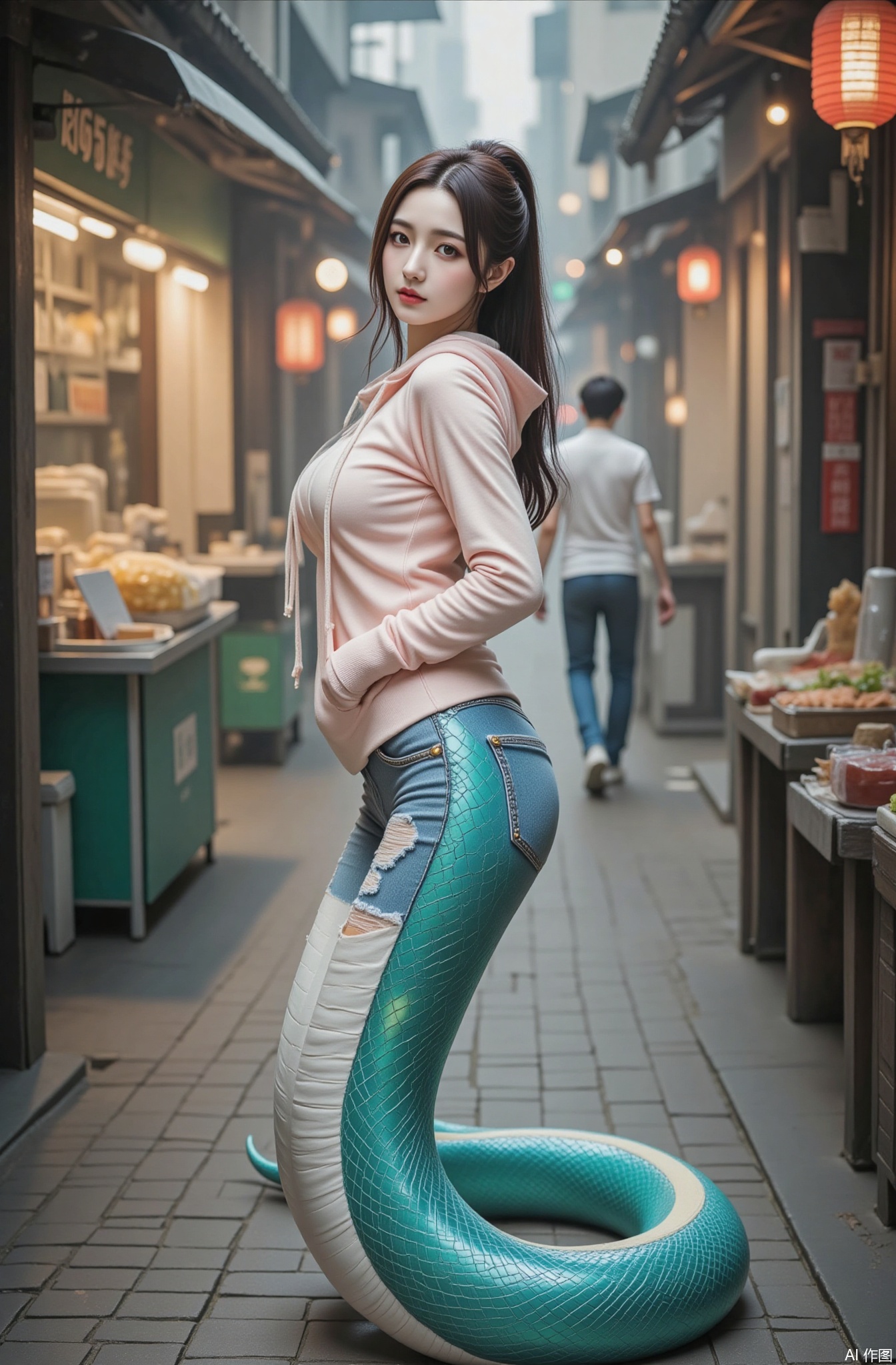 Photography style, photography, ultra-clear details, Chinese beauty, snow-white skin, white skin
In the bustling food street, beautiful women with snake tails shuttle through. Her upper body is in the image of a young girl, with pink and tender skin. The melon seed face, paired with curved smiling eyes, exudes a sweet fragrance. Under the petite nose, the lips are as rosy as cherries. A long black hair tied into a ponytail, wearing a loose hoodie and ripped jeans. The snake tail is a beautiful blue-green color with clear scale texture, swimming between food stalls, full of human fireworks atmosphere, with a resolution of 12k.