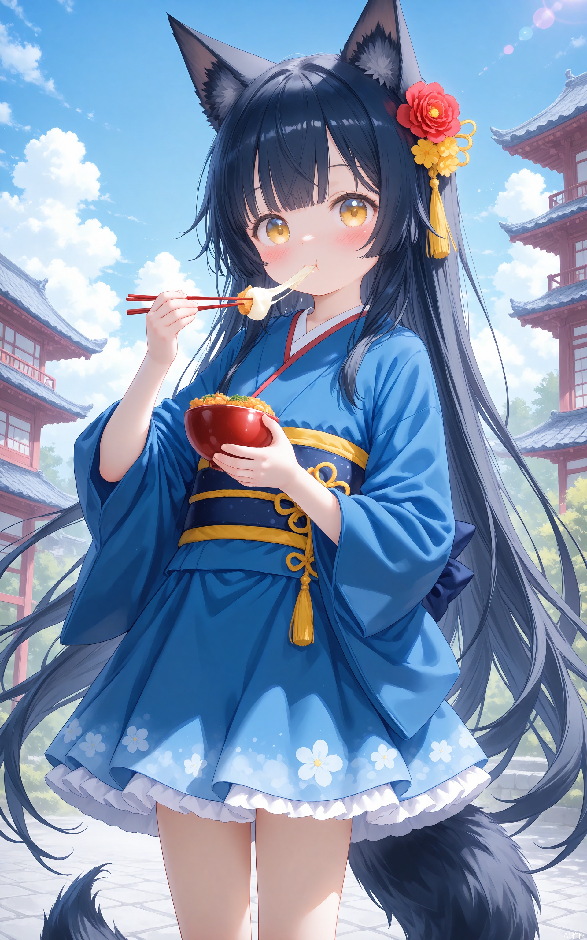 aged down,loli,loli,loli,female child,little girl,animal girl,1girl, solo, long hair, looking at viewer, blush, bangs, black hair, hair ornament, long sleeves, holding, animal ears, very long hair, tail, yellow eyes, flower, outdoors, food, japanese clothes, sky, day, cloud, hair flower, wide sleeves, kimono, blue sky, animal ear fluff, sash, fox ears, fox tail, obi, eating, fox girl, bowl, chopsticks, blue kimono, architecture, east asian architecture, holding ball,tassel hair ornament,cxqsxhf,