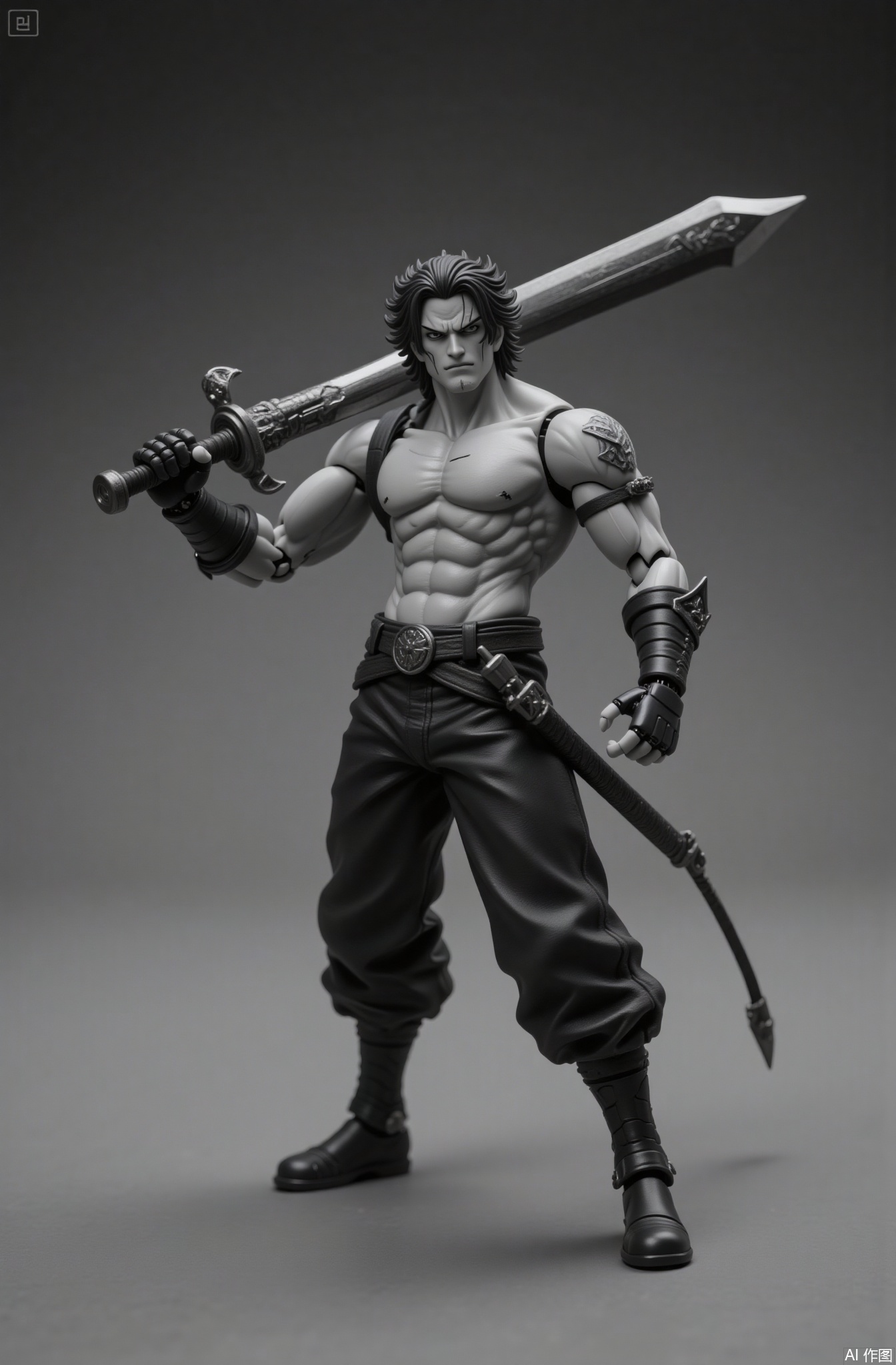 monochrome, greyscale, 1boy, male focus, solo, weapon, muscular, sword, abs, topless male, pants