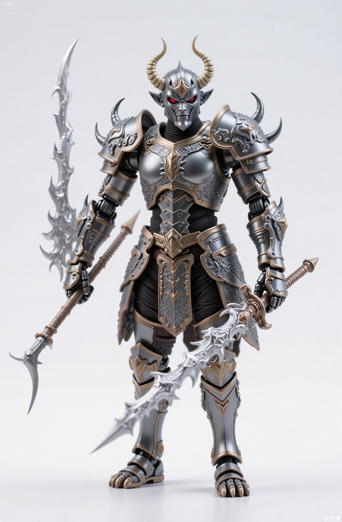 armor, weapon, sword, holding, holding weapon, gauntlets, full armor, holding sword, shoulder armor, helmet, solo, red eyes, breastplate, standing, 1boy, full body, male focus, pauldrons, horns, dual wielding