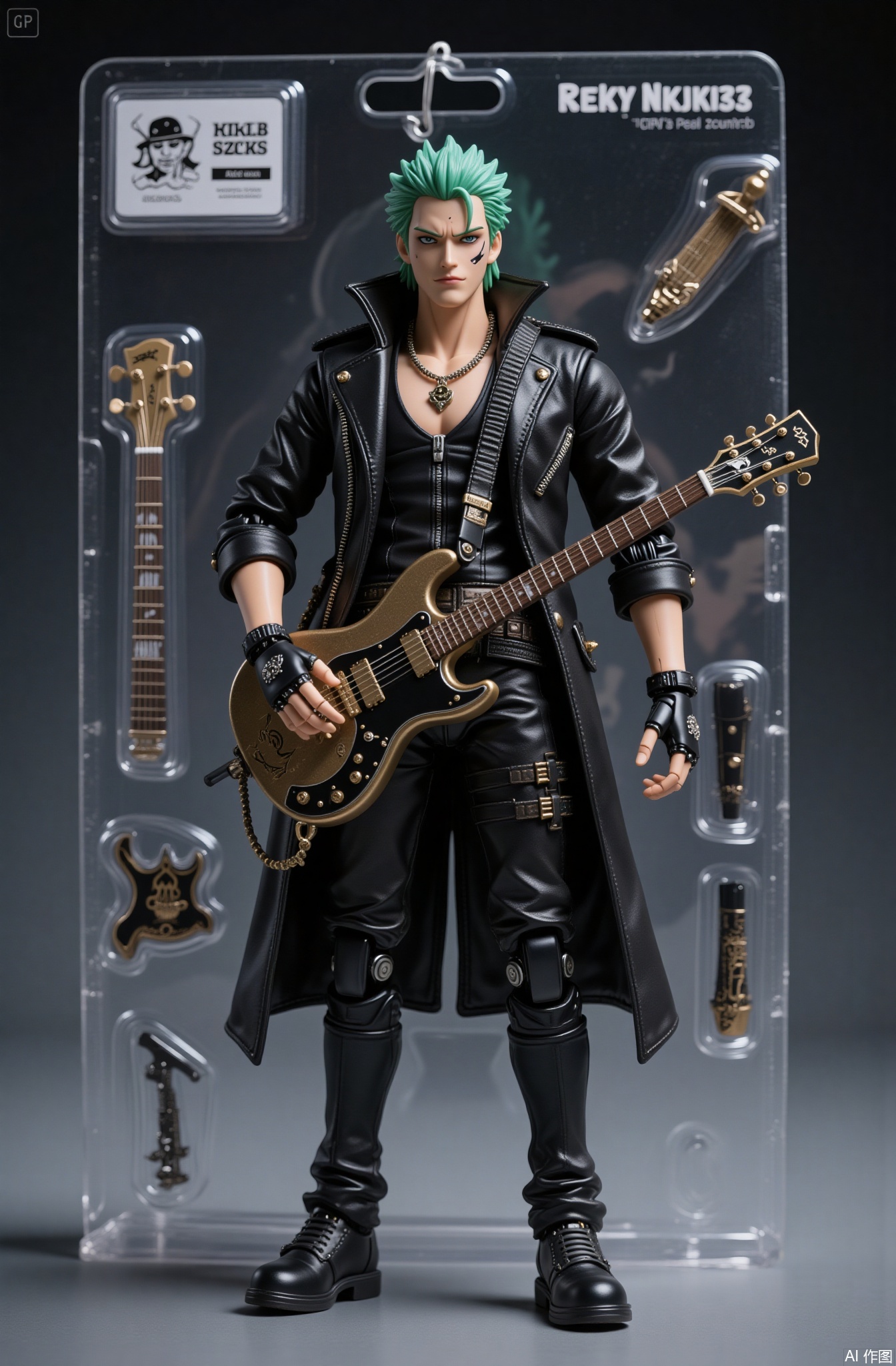 1boy, instrument, leather, male focus, guitar, gloves, jewelry, solo, leather jacket, fingerless gloves, jacket, necklace, character name, pants, green hair, earrings, belt, boots, full body, black gloves, standing, leather pants, black pants, electric guitar, spikes, black jacket, scar