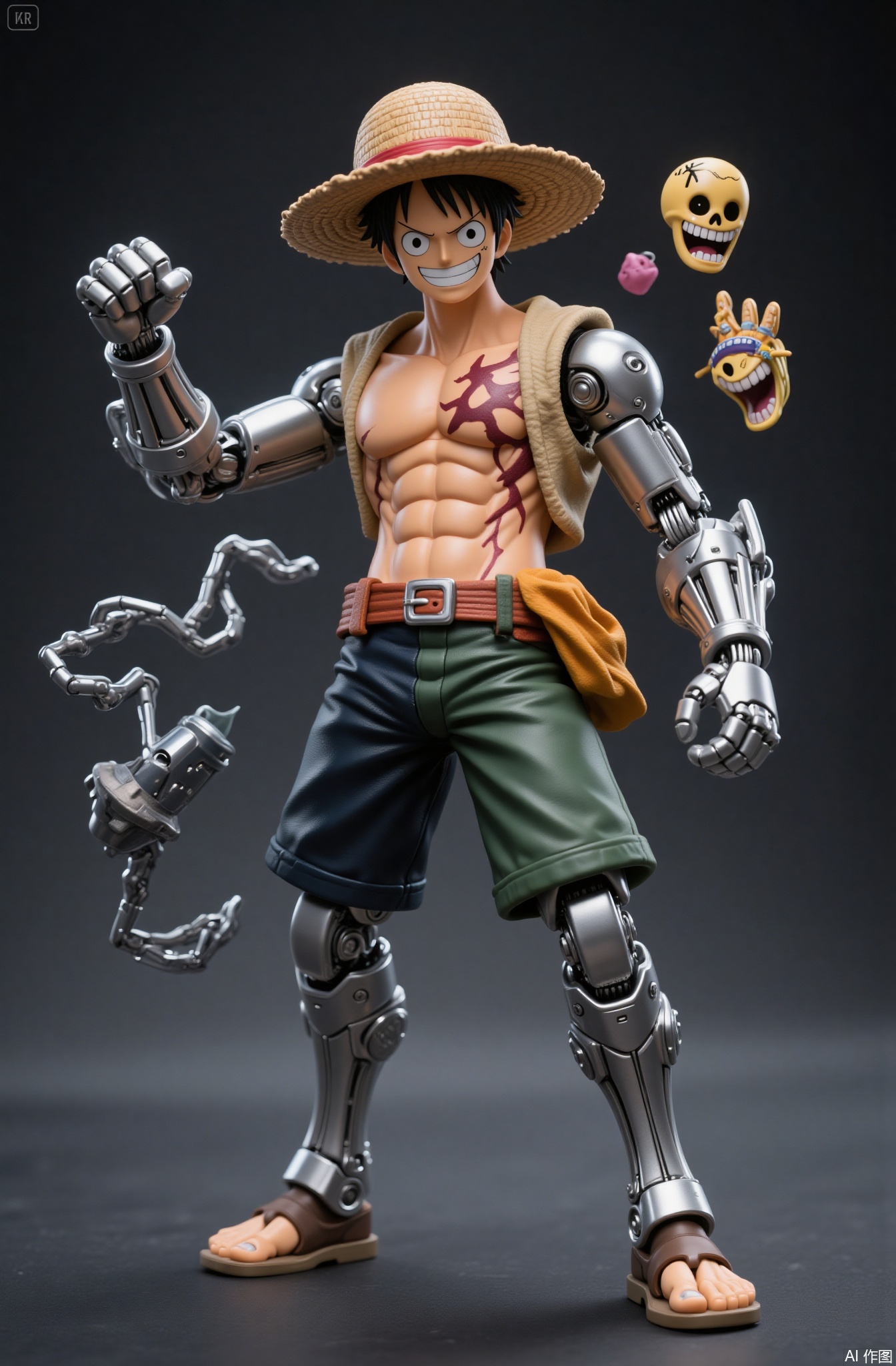 1boy, monkey d. luffy, abs, male focus, straw hat, black hair, hat, smile, scar, belt, sandals, clenched hands, muscular, teeth, looking at viewer, full body, shorts, mechanical arms, topless male, black eyes, solo, open mouth, pectorals