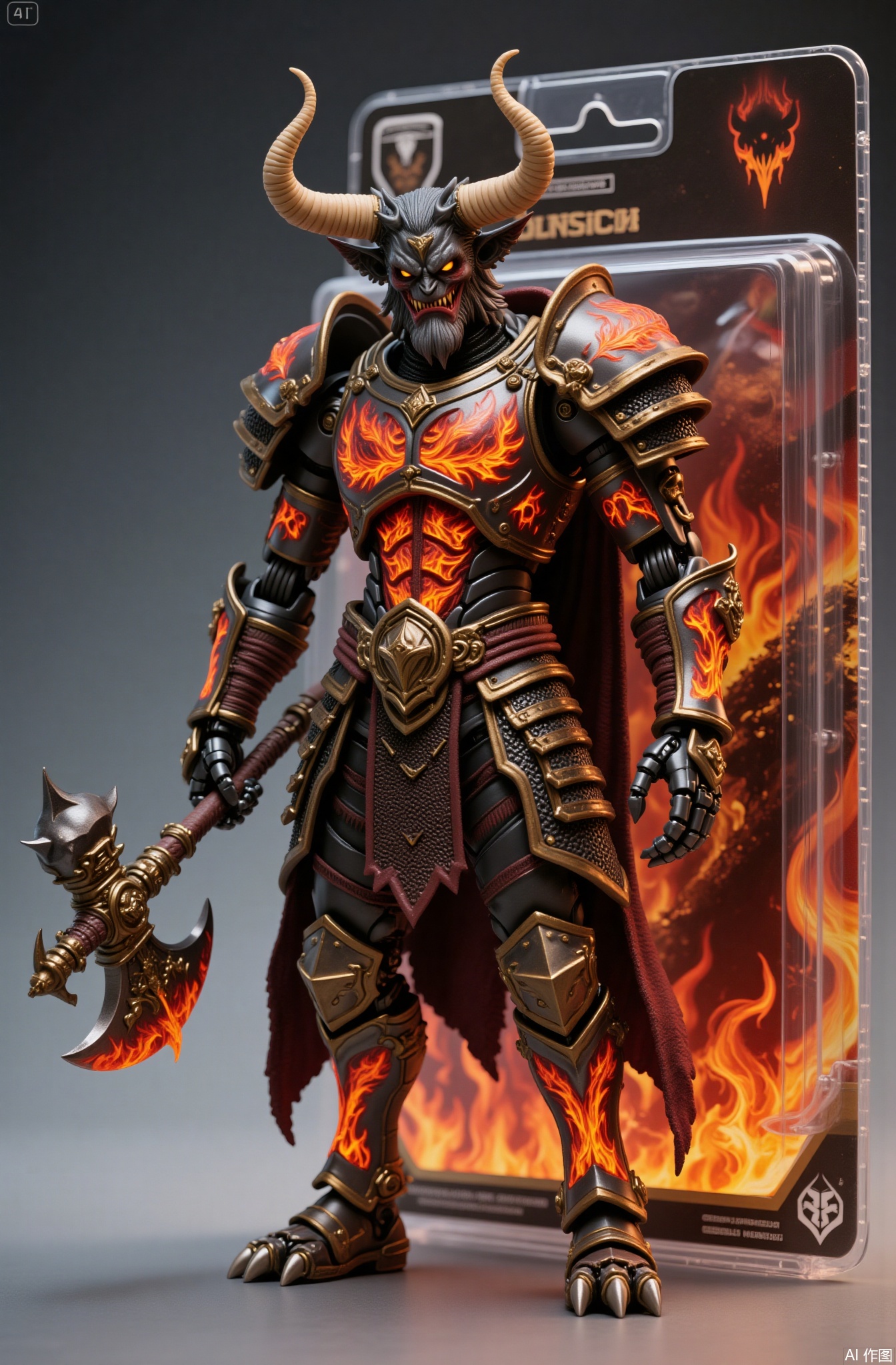 armor, gauntlets, weapon, horns, 1boy, holding, solo, male focus, holding weapon, hammer, shoulder armor, full armor, chainmail, skull, pauldrons, axe, breastplate, standing, full body, glowing eyes, armored boots, glowing, fire, demon