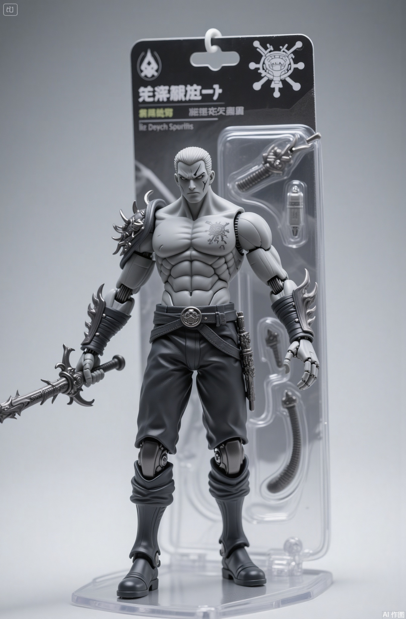 monochrome, greyscale, 1boy, male focus, solo, weapon, muscular, sword, abs, topless male, pants