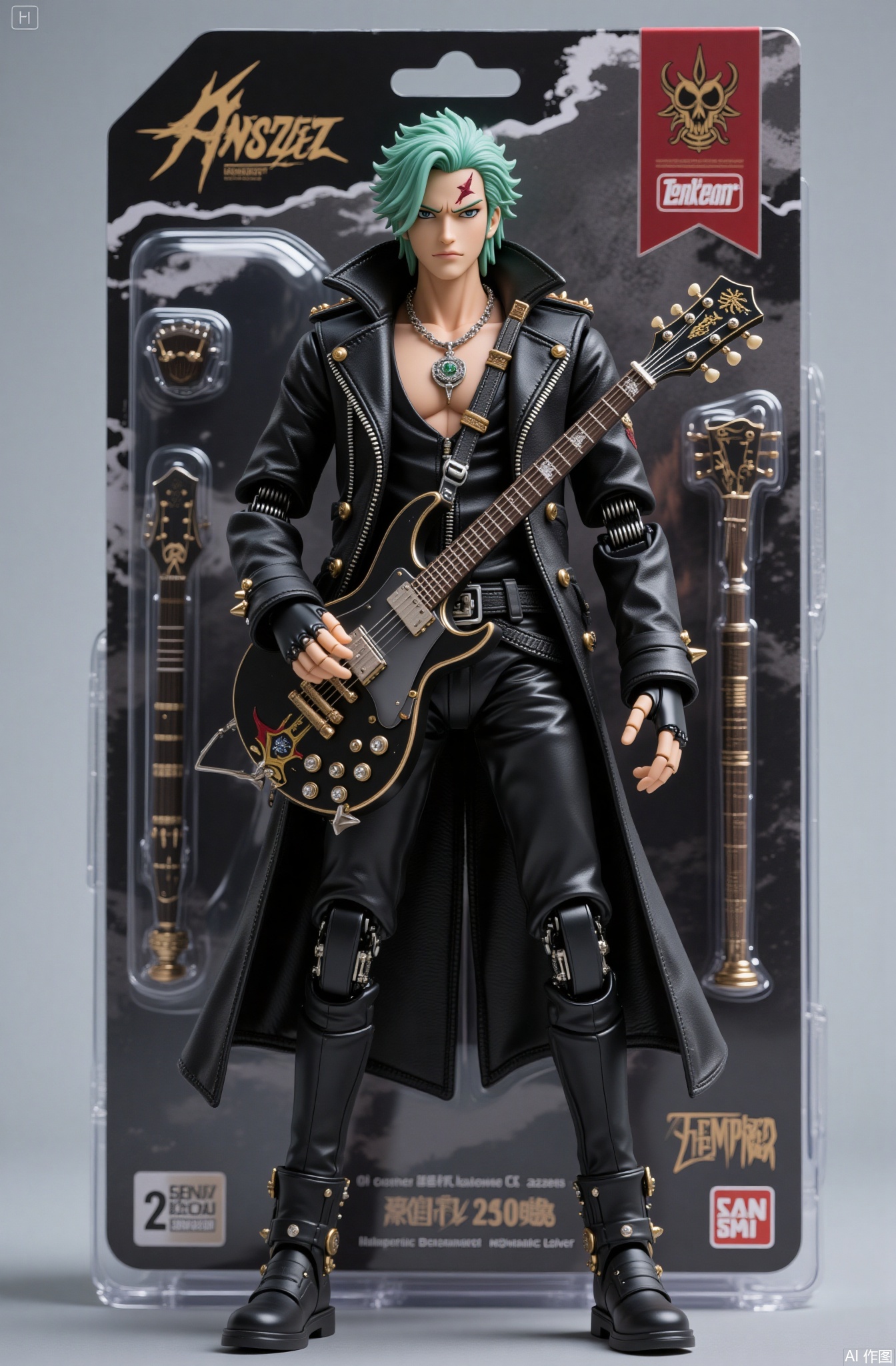 1boy, instrument, leather, male focus, guitar, gloves, jewelry, solo, leather jacket, fingerless gloves, jacket, necklace, character name, pants, green hair, earrings, belt, boots, full body, black gloves, standing, leather pants, black pants, electric guitar, spikes, black jacket, scar