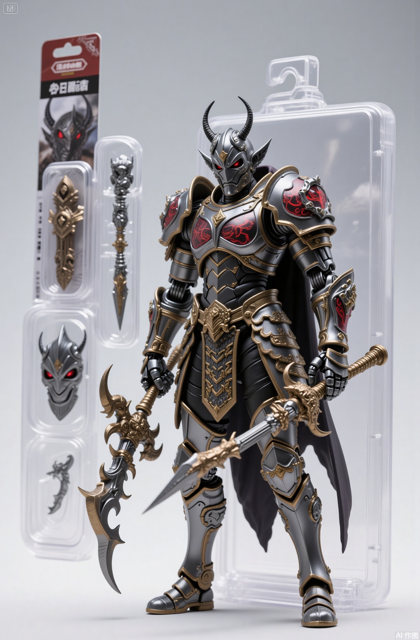 armor, weapon, sword, holding, holding weapon, gauntlets, full armor, holding sword, shoulder armor, helmet, solo, red eyes, breastplate, standing, 1boy, full body, male focus, pauldrons, horns, dual wielding