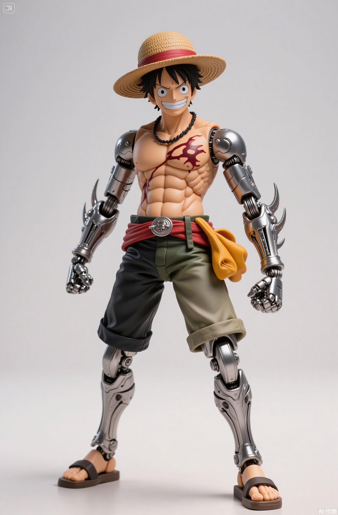 1boy, monkey d. luffy, abs, male focus, straw hat, black hair, hat, smile, scar, belt, sandals, clenched hands, muscular, teeth, looking at viewer, full body, shorts, mechanical arms, topless male, black eyes, solo, open mouth, pectorals