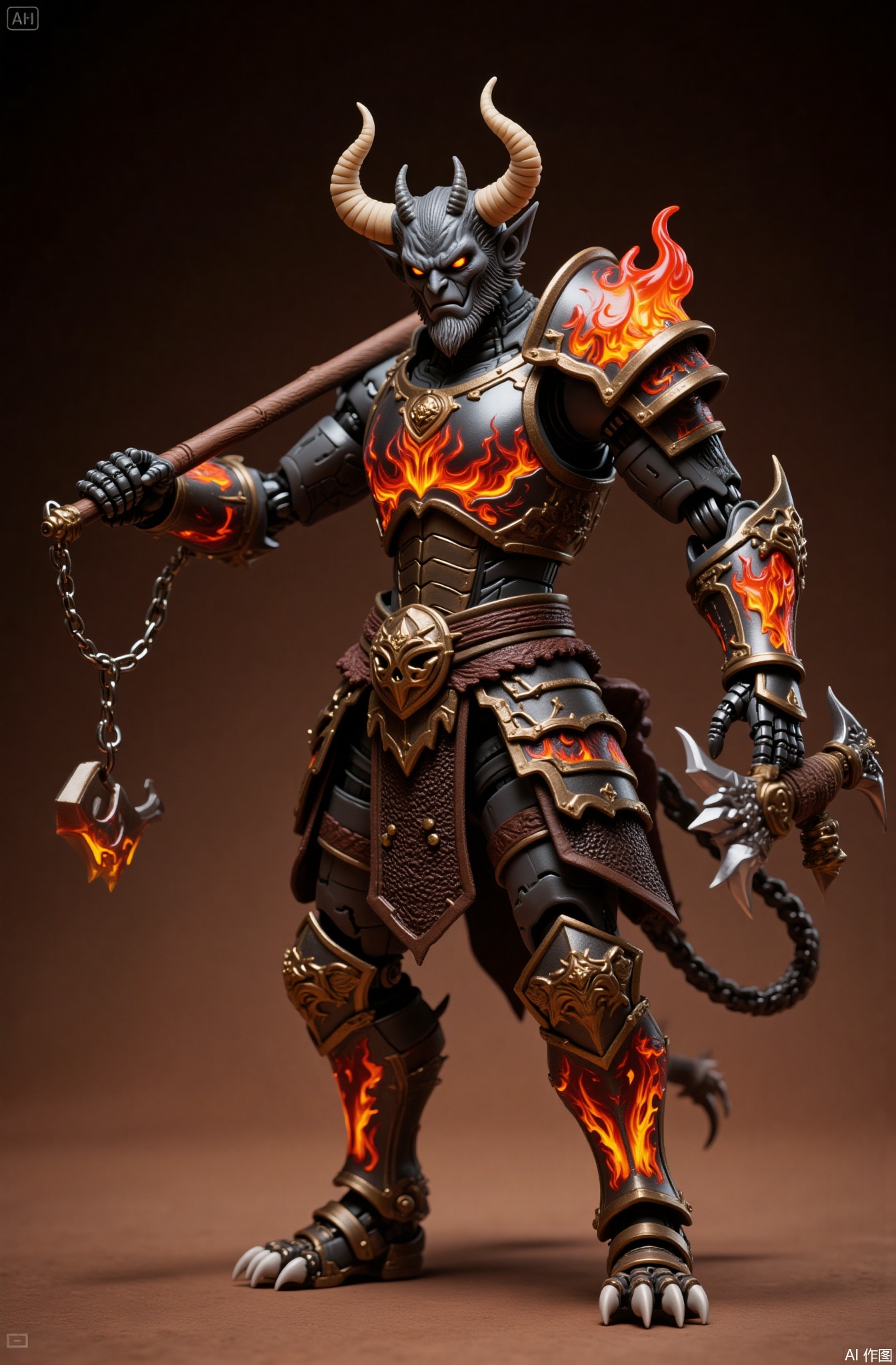 armor, gauntlets, weapon, horns, 1boy, holding, solo, male focus, holding weapon, hammer, shoulder armor, full armor, chainmail, skull, pauldrons, axe, breastplate, standing, full body, glowing eyes, armored boots, glowing, fire, demon