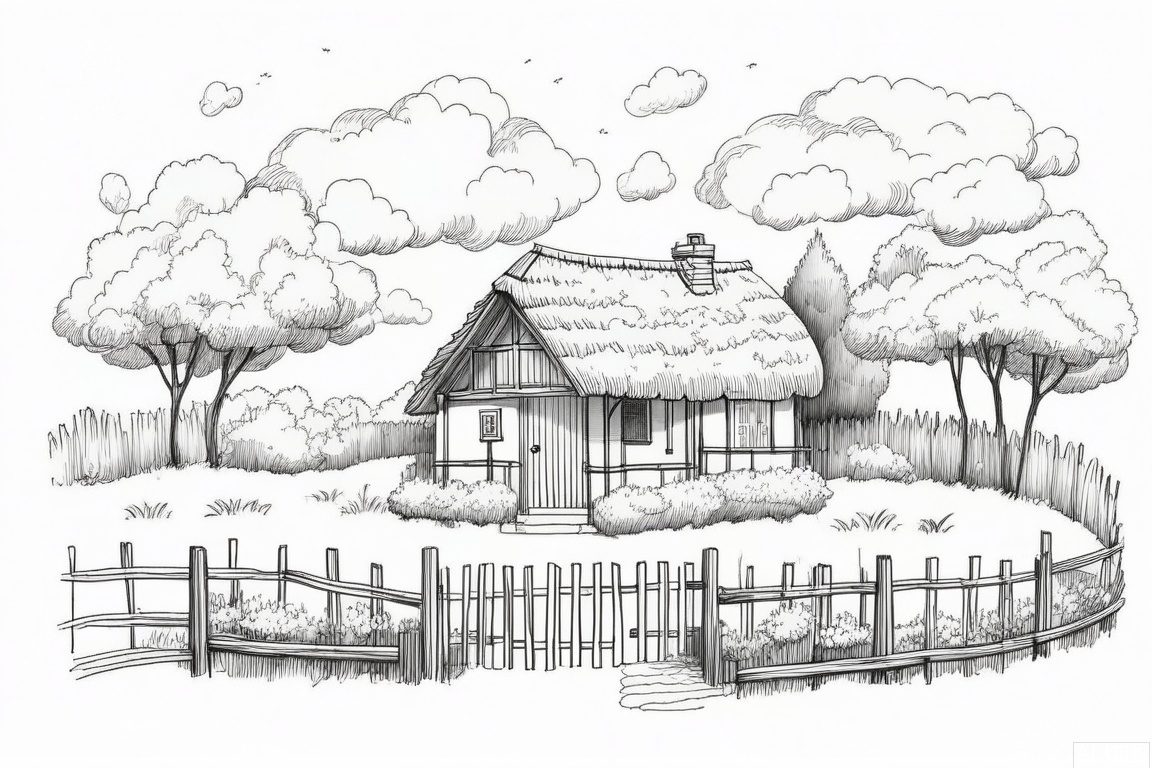 A serene black and white illustration of a quaint cottage nestled amidst nature, surrounded by lush trees and a simple wooden fence. The sky above is adorned with fluffy clouds, adding to the tranquil atmosphere.