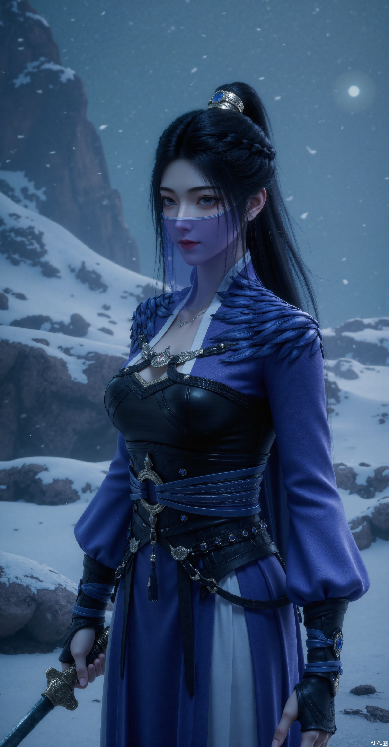 「A martial arts heroine in dark blue ancient-style tight outfit with intricate metal embellishments and waist sash, black high ponytail, wearing translucent purple veil, holding a sword (ornate hilt), cold and piercing gaze. Snowy mountain backdrop with falling snowflakes, cool blue tone, lonely and serene atmosphere. Dynamic pose, realistic lighting, 8K HD, concept art style, by Artgerm & WLOP」