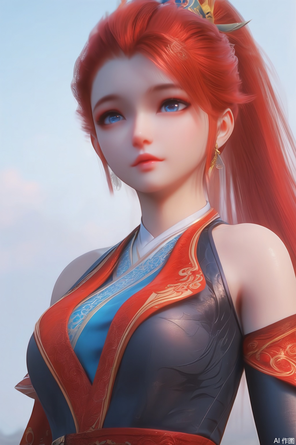 score_9,score_8_up,score_7_up,1girl,solo,long hair,breasts,looking at viewer,blue eyes,hair ornament,dress,bare shoulders,upper body,ponytail,red hair,lips,chinese clothes,pantyhose,detached sleeves