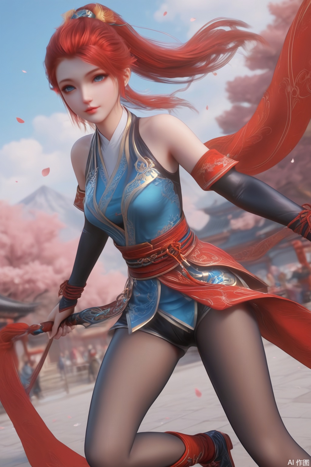 score_9,score_8_up,score_7_up,1girl,solo,long hair,breasts,(looking at viewer:1.3),blue eyes,hair ornament,dress,bare shoulders,ponytail,red hair,lips,chinese clothes,pantyhose,detached sleeves,pantyhose,blurry background,shorts,black sleeves,red theme,petals,flower,maple leaf,wind,(simple background:1.15),full body,boots