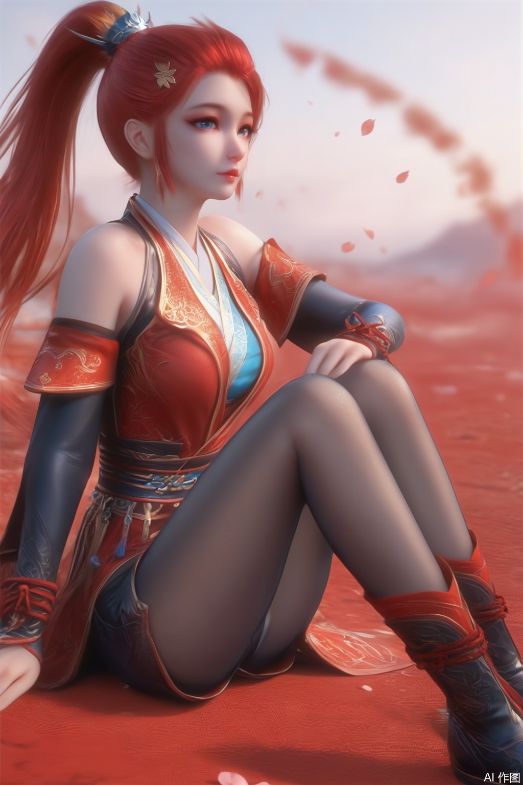 score_9,score_8_up,score_7_up,1girl,solo,long hair,breasts,(looking at viewer:1.3),blue eyes,hair ornament,dress,bare shoulders,ponytail,red hair,lips,chinese clothes,pantyhose,detached sleeves,pantyhose,blurry background,shorts,black sleeves,(red theme:1.1),petals,flower,maple leaf,wind,(simple background:1.15),full body,boots,shoes,sitting,knees up,