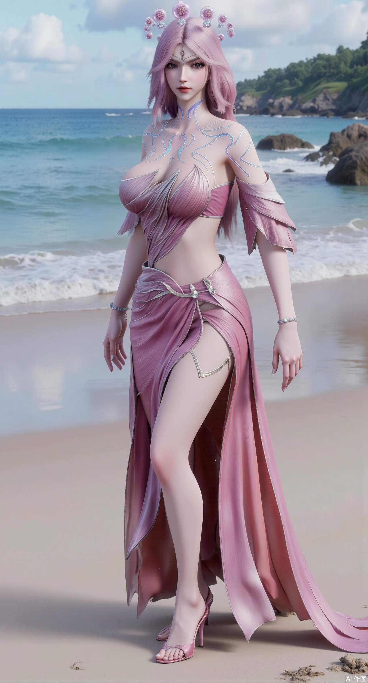 (masterpiece:1.2),best quality,3D animation,CG,absurdres,masterpiece,original,extremely detailed wallpaper,perfect lighting,(extremely detailed CG:1.2),1girl,solo,standing,(huge breasts:2.69),(full breasts:2.59),,looking at viewer,(cowboy_shot:1.1),long hair,high heels,blurry background,depth of field,motion blur,long dress,china_dress,chinese_style,bare shouders,crystal_earrings,headpiece,hair_tie,chest_jewel,gem,necklace,jewelry,in summer,day,outdoors,nature,sea,(rose,beach:1.49),(huge breasts:2.99),(full breasts:2.99),(very long legs,Diamond-studded high heels:1.5),,XliumeiYK,XlishaoyingXK