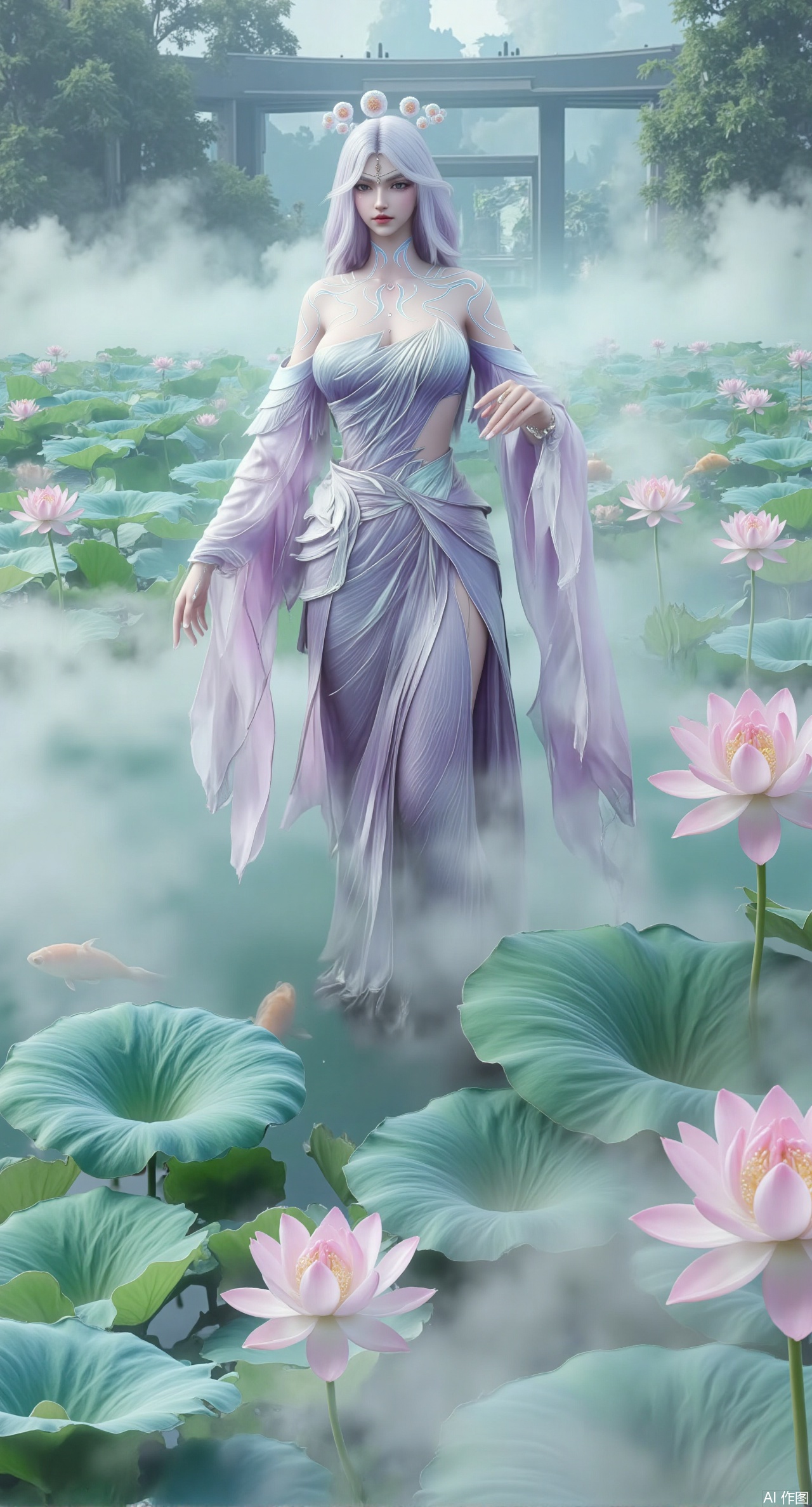 (masterpiece, best quality:1.2),A celestial maiden in Hanfu stands on a cloud, ethereal silk robes fluttering in the wind, swirling sea of clouds beneath her feet, (background reveals the emerald lotus pond of Penglai Wonderland with blooming pink-white lotuses:1.29), golden koi fish swimming in translucent water, soft morning light piercing through mist, ultra HD rendering showcases intricate embroidery on Hanfu, 8K detail captures dewdrops on lotus petals, dynamic lighting effects emphasize swirling mist movement, panoramic composition creates ethereal celestial atmosphere,(huge breasts:2.99),(full breasts:2.99),(Background with traditional Chinese architecture,Pond, water lilies:1.39),XliumeiYK,XlishaoyingXK